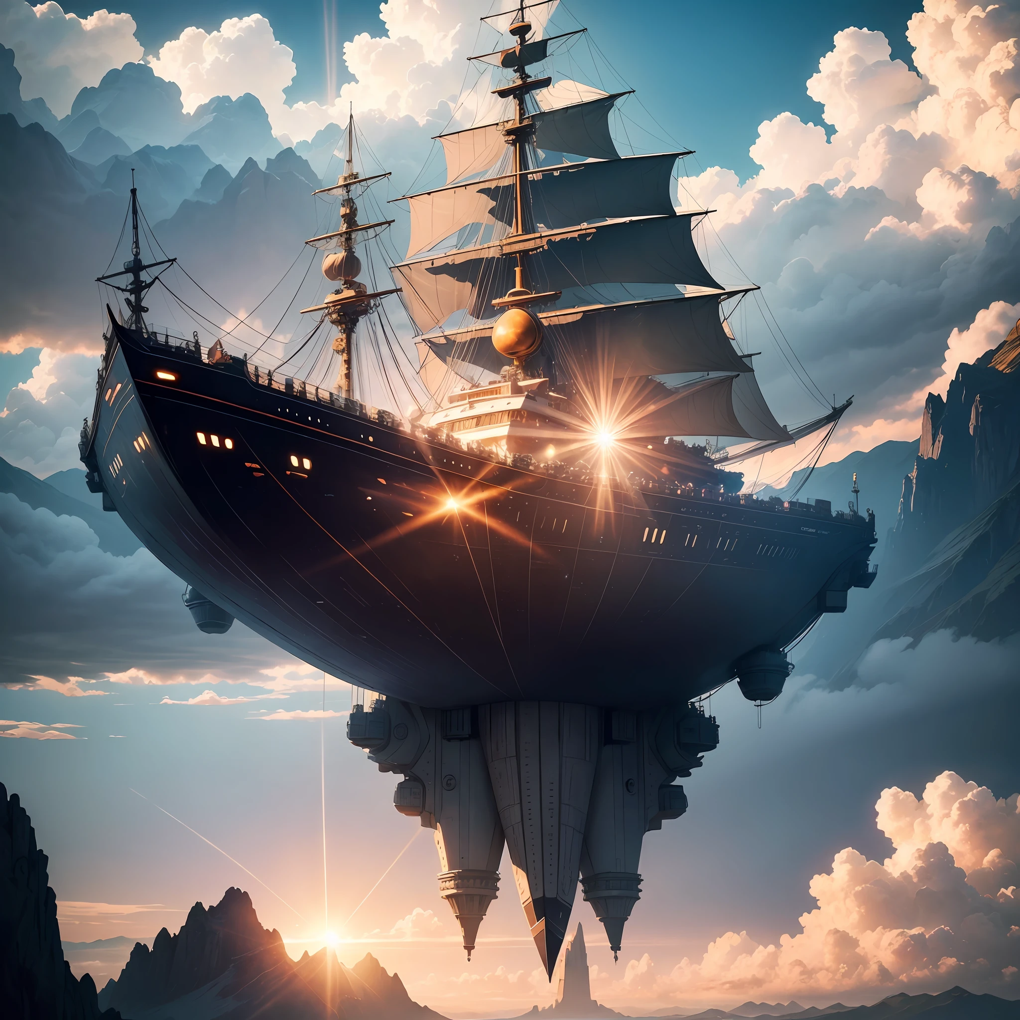 Giant spacecraft flying through the bright sky of Earth, entering a dense layer of clouds and revealing ultra-detailed details, impeccable lighting and perfect shadows. The ship hovers majestically above mountains and oceans, resplendent in the sunlight.