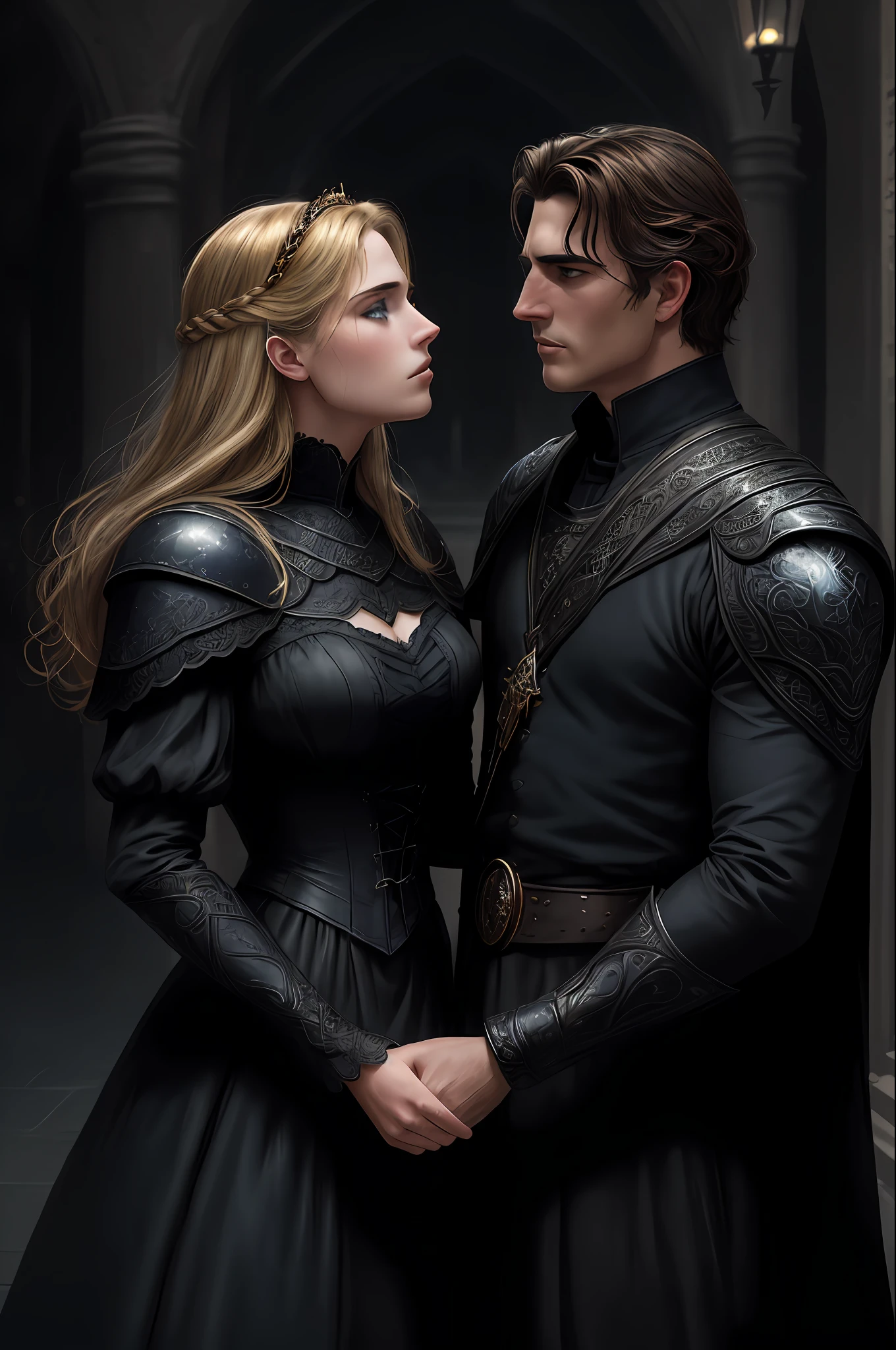 passionate kiss of a couple, (dark haired man, black eyes, somber, black outfit with light armor, henri cavil), (golden blond girl, blue eyes, black sensual dress, robin write in the princess bride movie), luis royas art. The image should be captured in [natural light], with [soft shadows] that highlight her. The colors should be [RAW] and [vibrant], showcasing the [tragic] elements of the character, while remaining grounded in a sense of [realism]. Aim for a [photorealistic]. The image should have [intricate details]. The overall mood of the image should be [victorian], [ghotic] with a sense of [magic] and [power]. [evil temple background] [dark atmosphere]