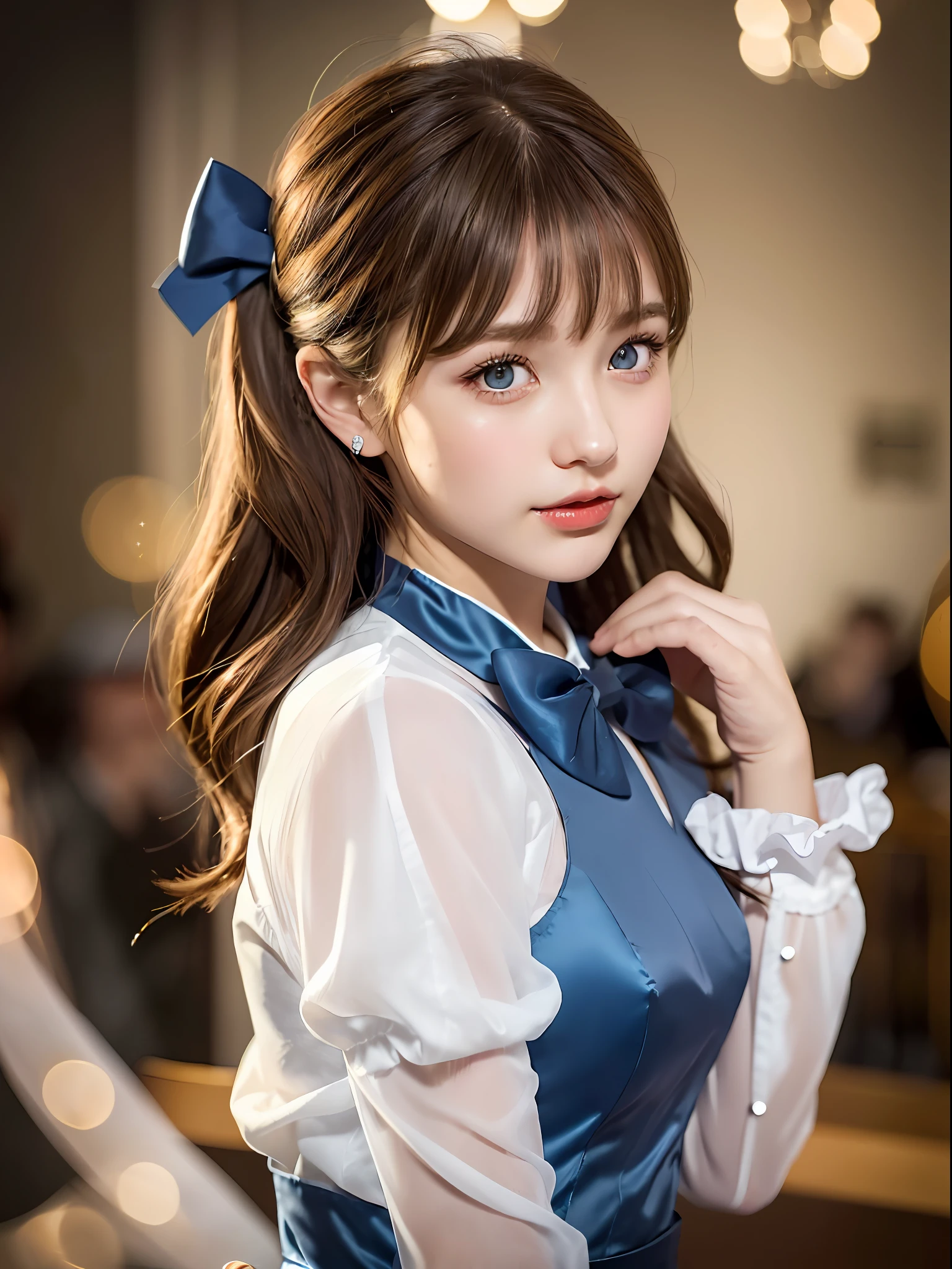(Extremely delicate beauty: 1.2), 1girl, bangs, blue eyes, blurry, blurred background, bow, brown hair, shut up, seen from the side, hair between eyes, hair bow, lantern, light particles, long sleeves, looking at the audience, medium hair, night, red bow, solo, stars \ (symbol), full body, smile, red lips