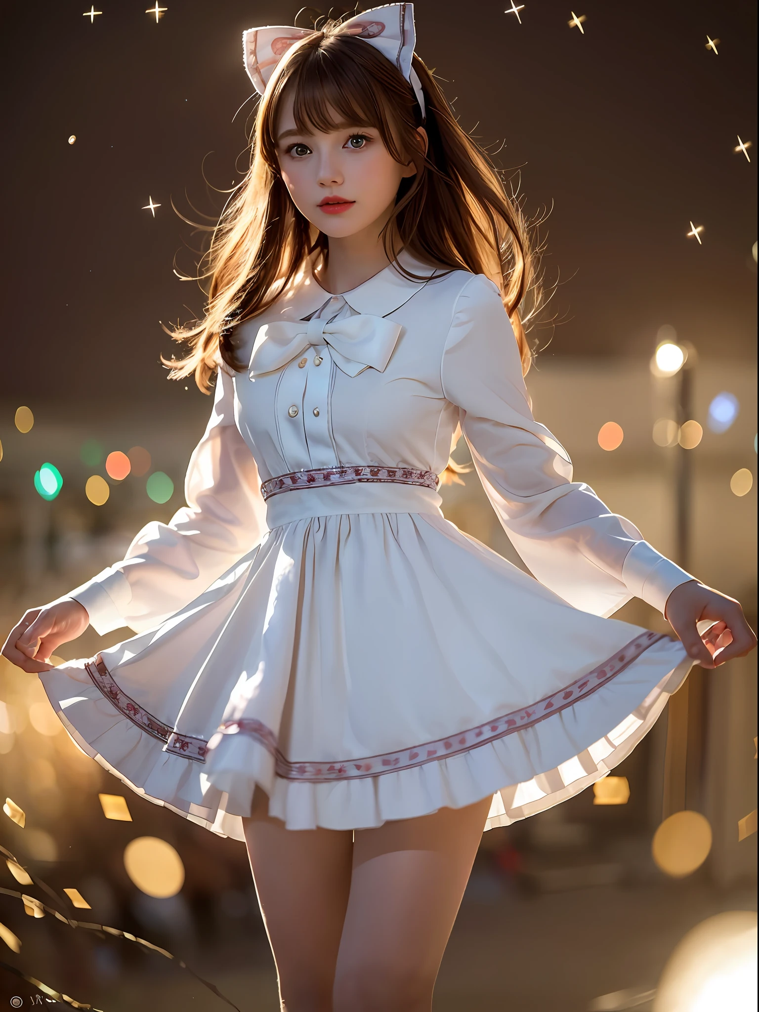 (Extremely delicate beauty: 1.2), 1girl, bangs, blue eyes, blurry, blurred background, bow, brown hair, shut up, seen from the side, hair between eyes, hair bow, lantern, light particles, long sleeves, looking at the audience, medium hair, night, red bow, solo, stars \ (symbol), full body, smile, red lips
