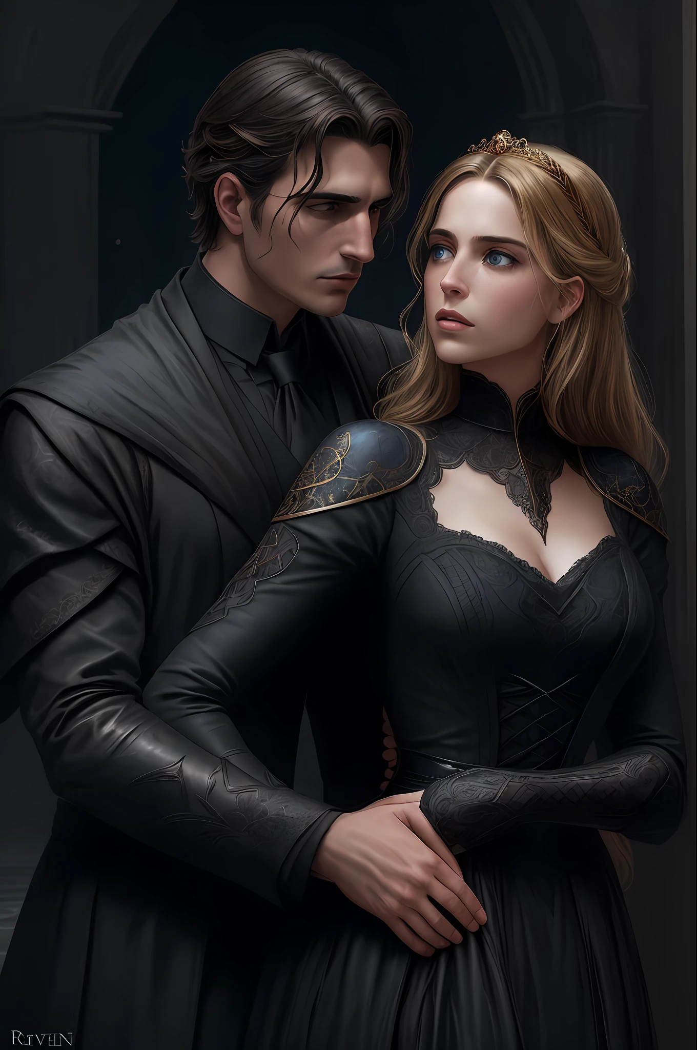passionate embrace of a couple, (dark haired man, black eyes, somber, black outfit with light armor, henri cavil), (golden blond girl, blue eyes, black sensual dress, robin write in the princess bride movie), luis royas art. The image should be captured in [natural light], with [soft shadows] that highlight her. The colors should be [RAW] and [vibrant], showcasing the [tragic] elements of the character, while remaining grounded in a sense of [realism]. Aim for a [photorealistic]. The image should have [intricate details]. The overall mood of the image should be [victorian], [ghotic] with a sense of [magic] and [power]. [evil temple background] [dark atmosphere]
