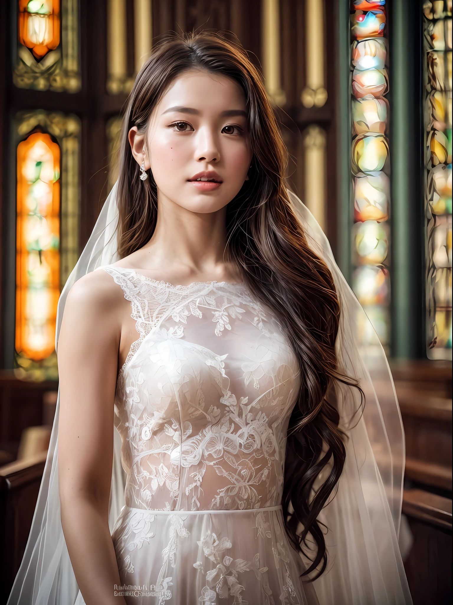 Ashleigh Emmalee, very young, beautiful, 8k, 17 years old, (1girl:1.2), whole body, far angle camera, wear fashionable lace wedding dress: 0.75, different design weeding dress, nude:0.25, , in a church, elegant poses, dynamic shot,  masterpiece, best quality, ultra-detailed, ultra realistic:1.5, photorealistic:1.5 , analog style, bokeh, skin pores, (skin texture), (film grain:1.3), (warm hue, warm tone:1.2), cinematic light, sidelighting, ultra high res, best shadow, RAW, upper body, photoshoot by DSLR, Fujifilm XT3, medium full shot