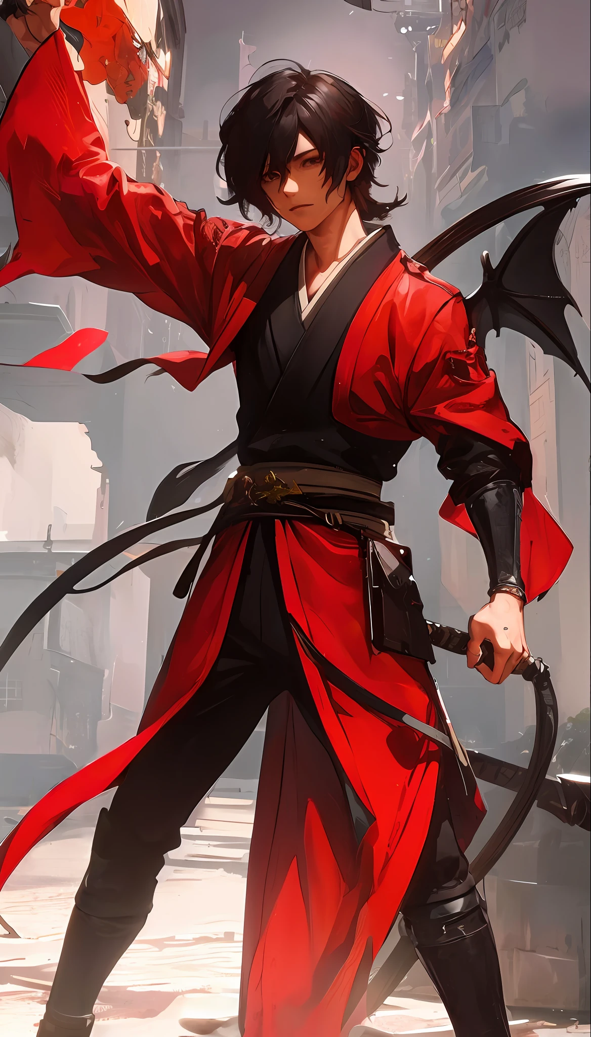 A closeup of a person holding a sword, male character, main character, cinematic full character, Demon slayer style, anime character, full body character, 8K character details, red and black Kimono.