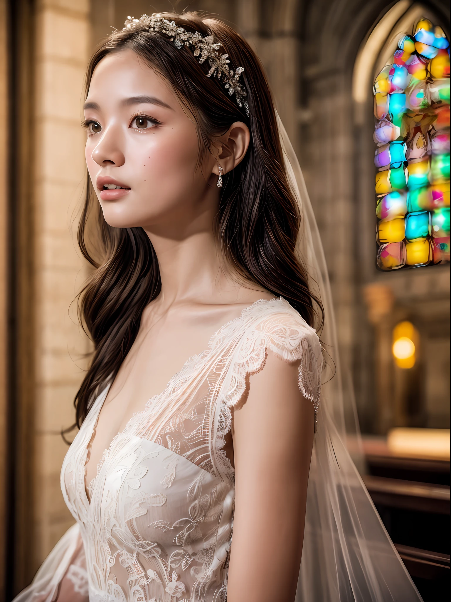 Ashleigh Emmalee, very young, beautiful, 8k, , (1girl:1.2), whole body, far angle camera, wear fashionable lace wedding dress: 0.75, different design weeding dress, nude:0.25, ,a church, elegant poses, dynamic shot, masterpiece, best quality, ultra-detailed, ultra realistic:1.5, photorealistic:1.5 , analog style, bo skin pores, (skin texture), (film grain:1.3), (warm hue, warm tone:1.2), cinematic light, sidelighting, ultra high res, best shadow, RAW, upper body, photoshoot by DSLR, Fujifilm XT3, medium full shot