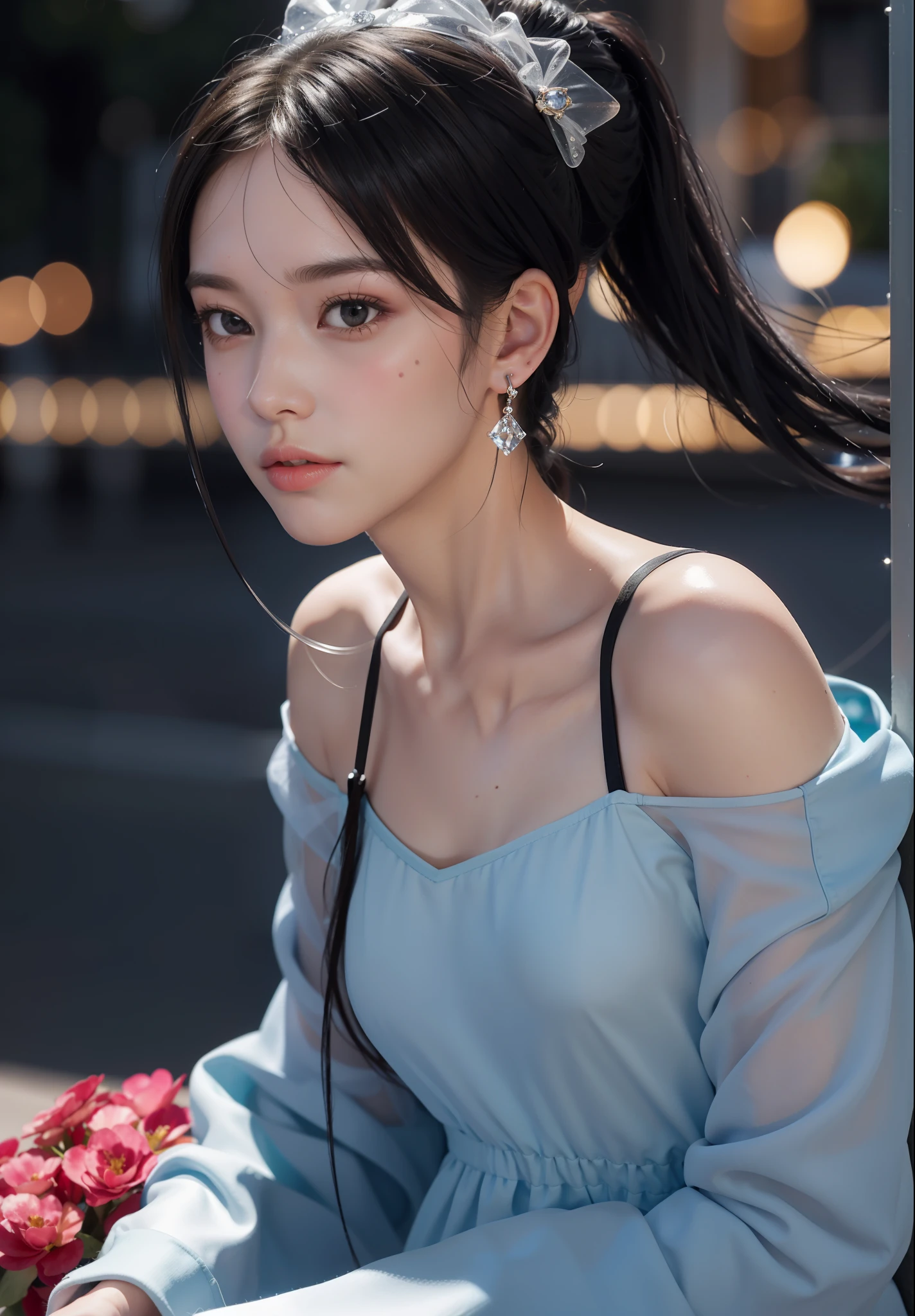 (8k, RAW photos, best quality, High resolution: 1.1), (surreal: 1.4), (realistic, realistic: 1.3), soft light, girl, realistic face, realistic body, realistic skin, absurdity, masterpiece, (cute: 1.8), cute, solo, (conservative dress: 1.2), detailed black eyes, innocent eyes, blush, cello, movie lights, film grain, sparkling jewelry, diamonds, earrings, rings, ((medium hair: 1.1)), (floating hair nova frog style)), cherry lips, headband, hair bow, ponytail, viewer, long hair, open lips, upper teeth, depth of field, blurred background, eye focus, bokeh, young, 85mm lens, f/1.4, professional lighting, young, photon mapping, radiosity, physically based rendering,