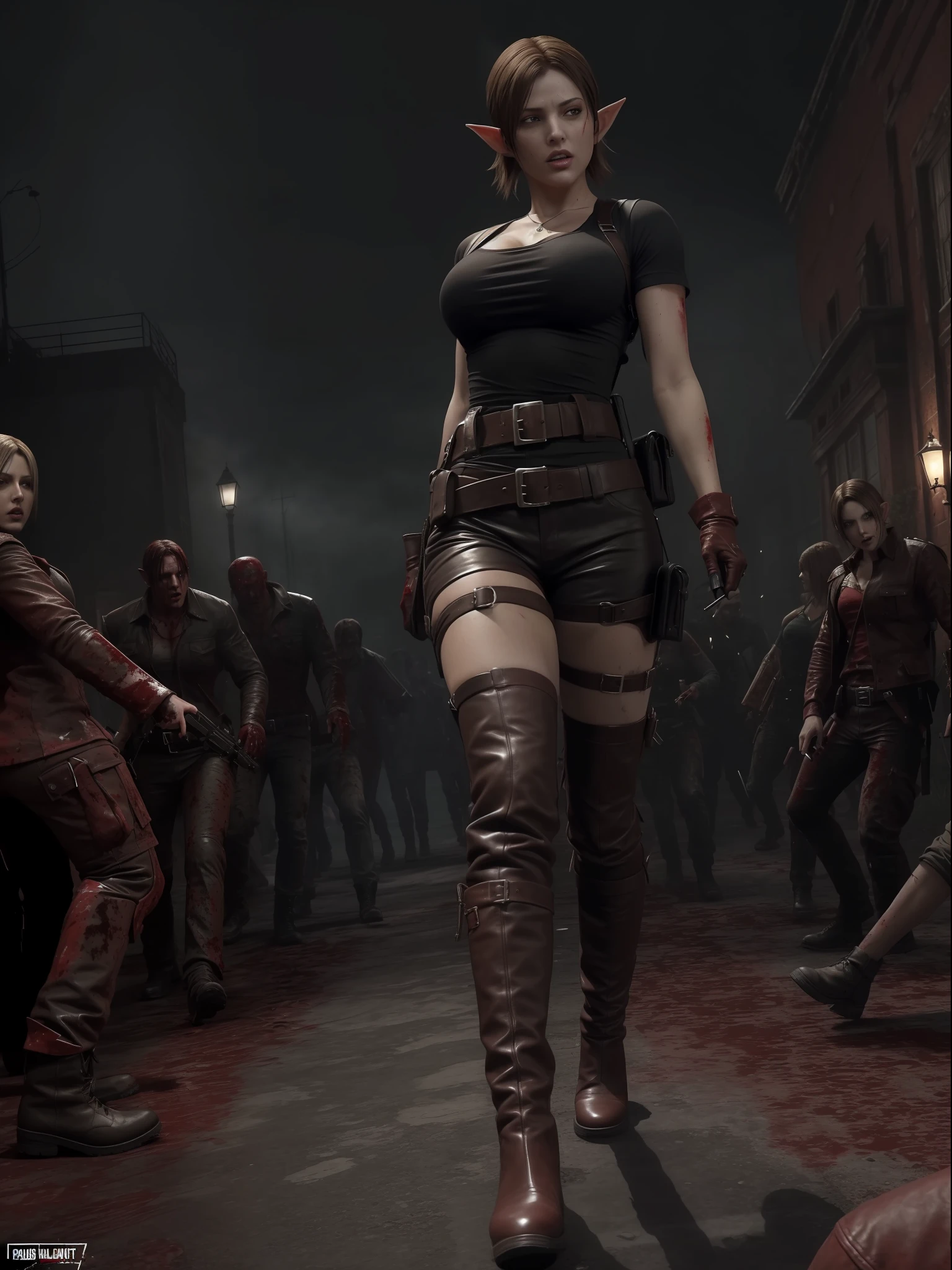 (Resident Evil 4+bloody:1.5), (full-body photo:1.67), (An elf woman and several zombies in the background:1.5), (she has gigantic breasts:1.5), (She's in Resident Evil 4+Leon's clothes with black T-shirt+brown leather chorte+extremely tight on her body:1.4), (she's walking in a night town crowded with zombies:1.5),  (she has short brown hair:1.3), (she has blue eyes:1.3), (she's doing poses+for the viewer+holding an armada), Hyperrealism, 16k, best quality, high details, UHD