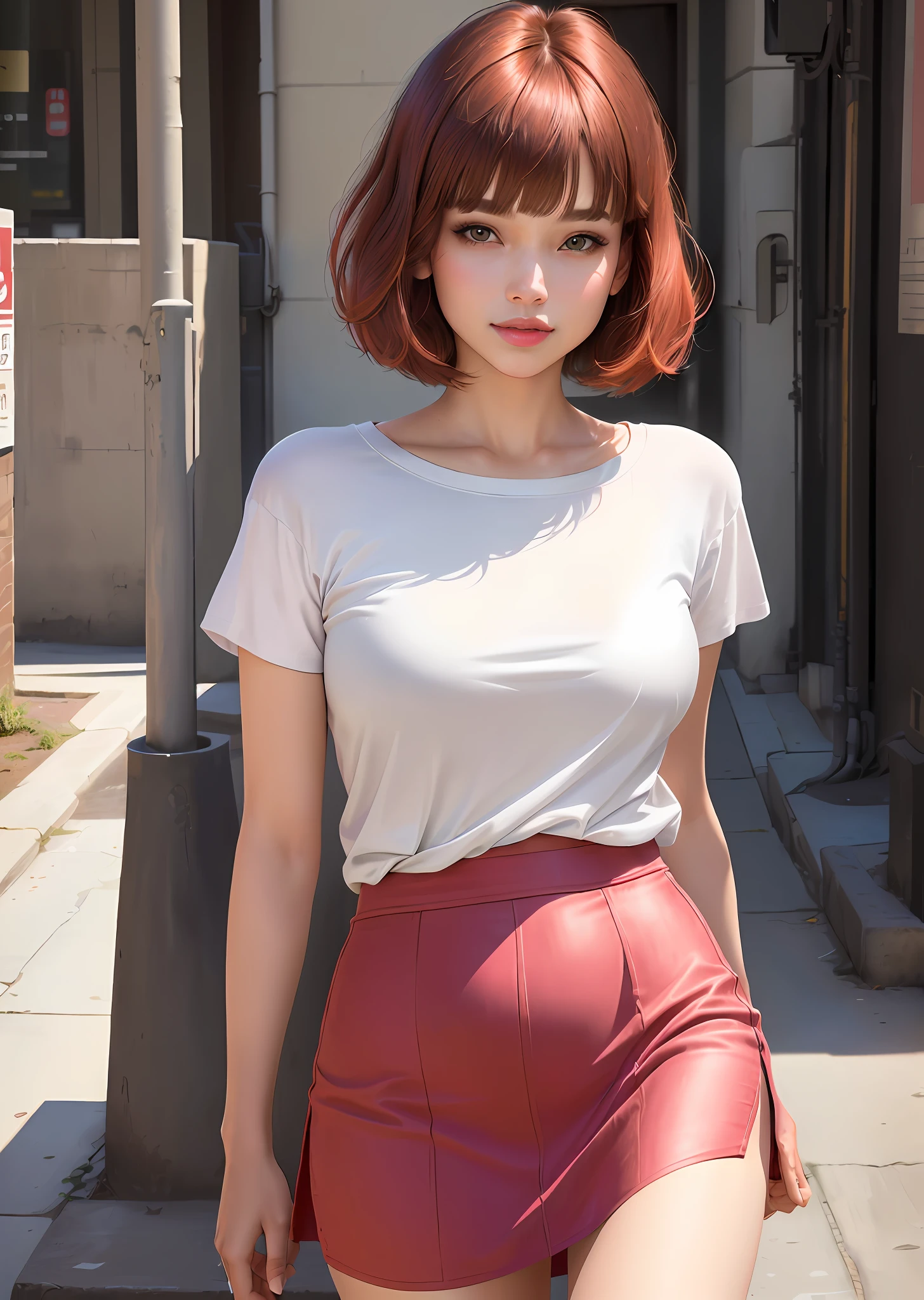 masterpiece:1.2), (realistic, photo-realistic:1.37), 1womam, bangs, straight hair, bob cut, red hair, brown eyes, portrait, pink lip mouth, soft smile, thin, flat-chested, long white t-shirt, midi skirt, street style, looking viewer, upper body, Thai style