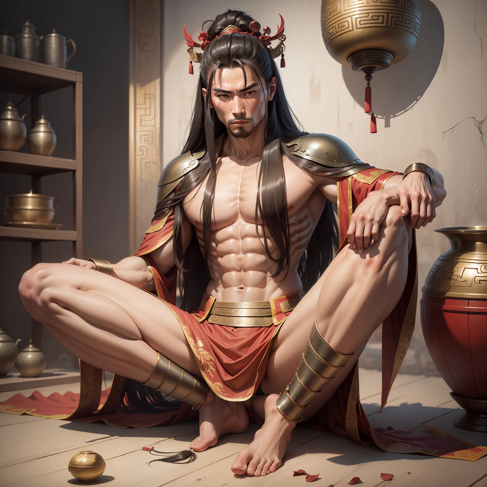 Realistic,Hot muscular Male  in the Han dynasty on his knees with legs spread apart, wearing ancient revealing Chinese dress with long hair and masculine features.Battle scars