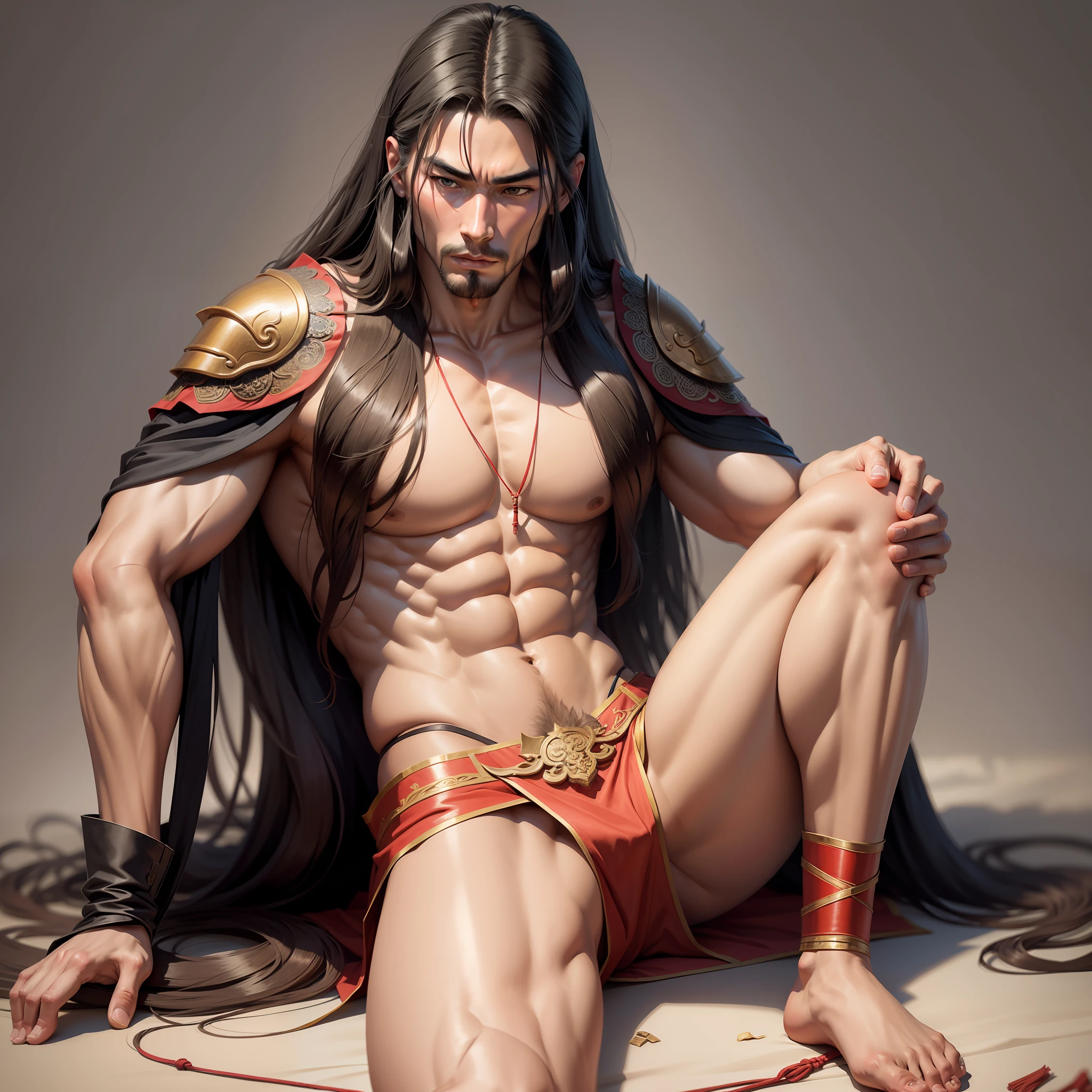 Realistic,Hot muscular Male concubine in the Han dynasty on his knees with legs spread apart, wearing ancient revealing Chinese dress with long hair and masculine features.Battle scars