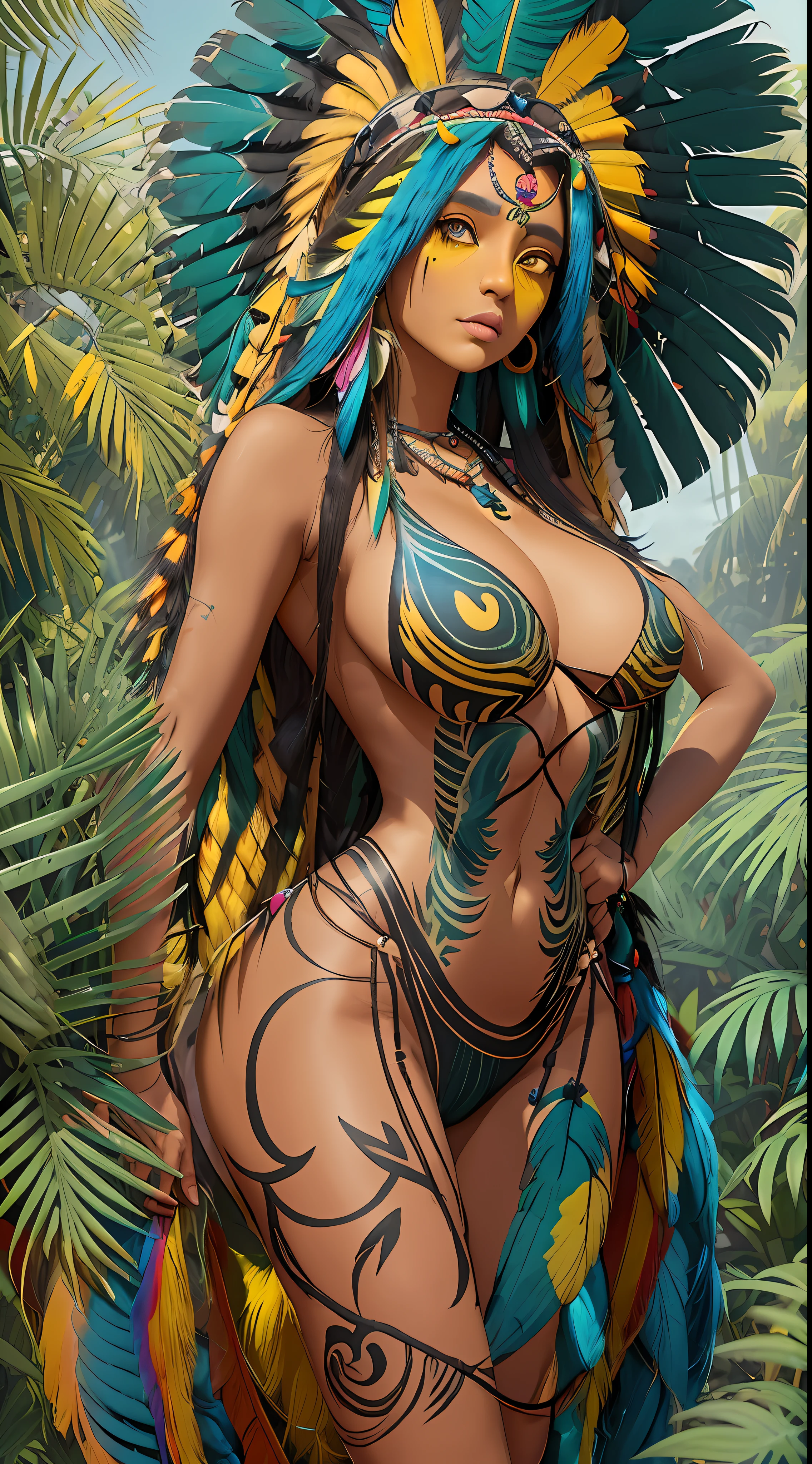 Wild Xavante India, extreme tanned skin, extreme long black straight hair messes over naked boobs, huge macaw blue parrot feather headdress, big cheeks, long legs, curvy, indigenous yellow and green breast painting, breast painted blue and yellow, indigenous yellow and green facial painting, huge macaw blue parrot feather necklace, honey eyes