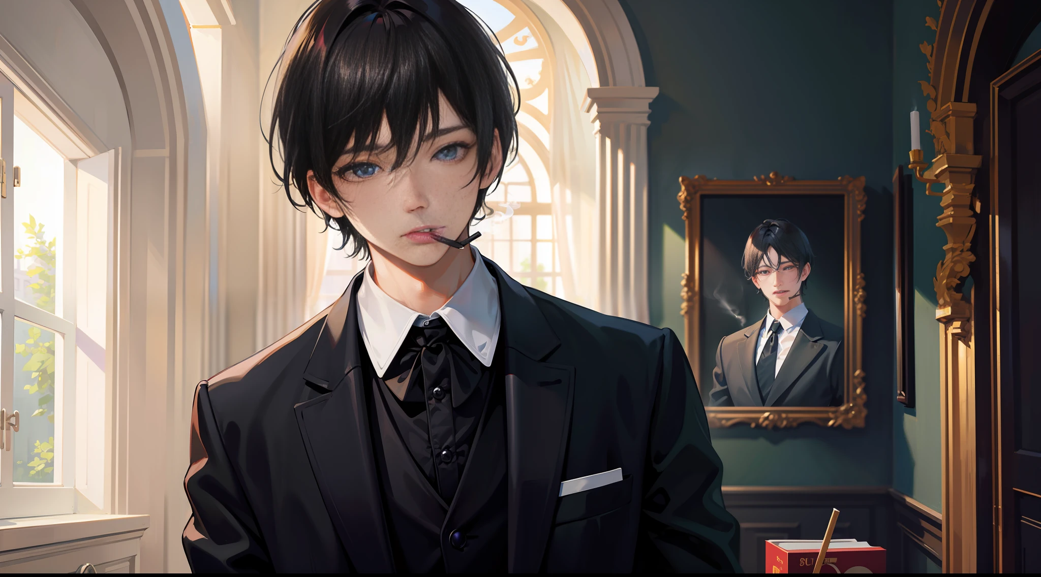 masterpiece, best quality, super detailed, illustration, beautiful detailed eyes, close up, 1 boy, room, black hair, black suit, black pants, smoking in mouth