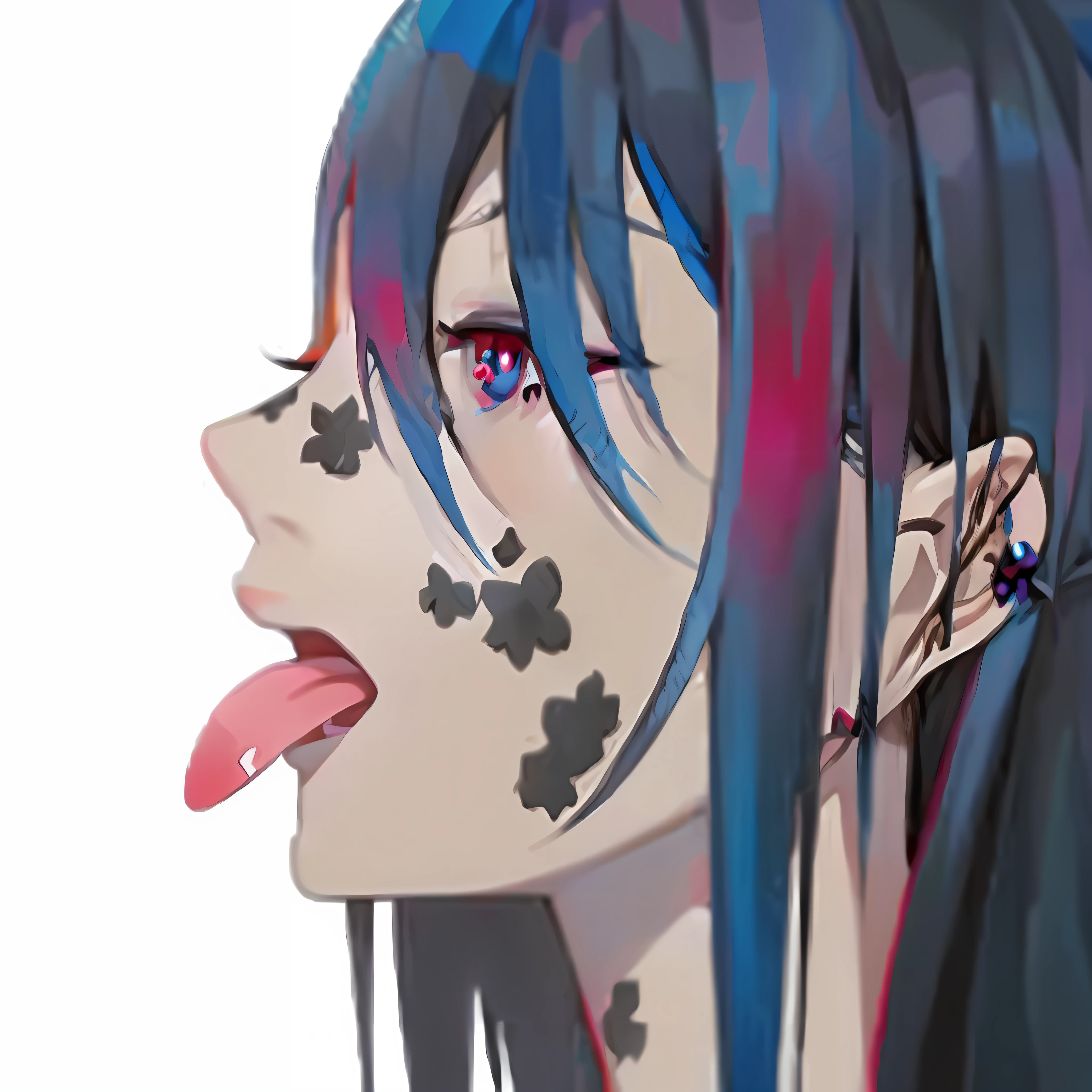 anime girl with blue hair and piercings sticking out her tongue, 2 d anime style, 2 d anime, ahegao face, gapmoe yandere, yandere intricate, ahegao, 2 d gorillaz, yandere, portrait gapmoe yandere grimdark, 2d art cover, profile of anime girl, gapmoe yandere grimdark, 2 d digital