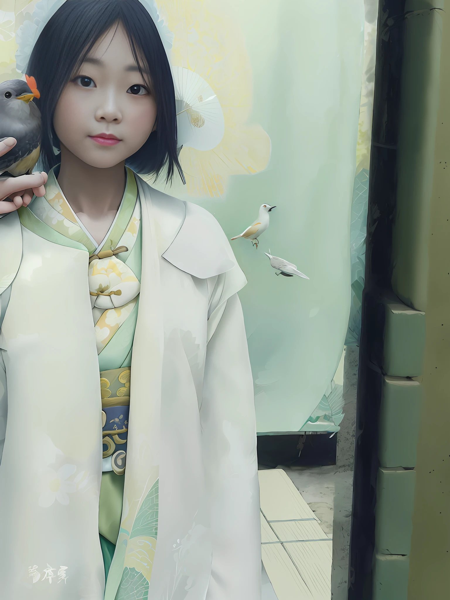 There is a woman carrying a bird and a bird on her shoulder, palace, hanfu girl, guwiz style artwork, light and colored kimono, white hanfu, guwitz, guwiz, ancient chinese clothing, inspired by Kohara Komori, inspired by Ito Shinsui, hanfu ancient Chinese miss, cheongsam