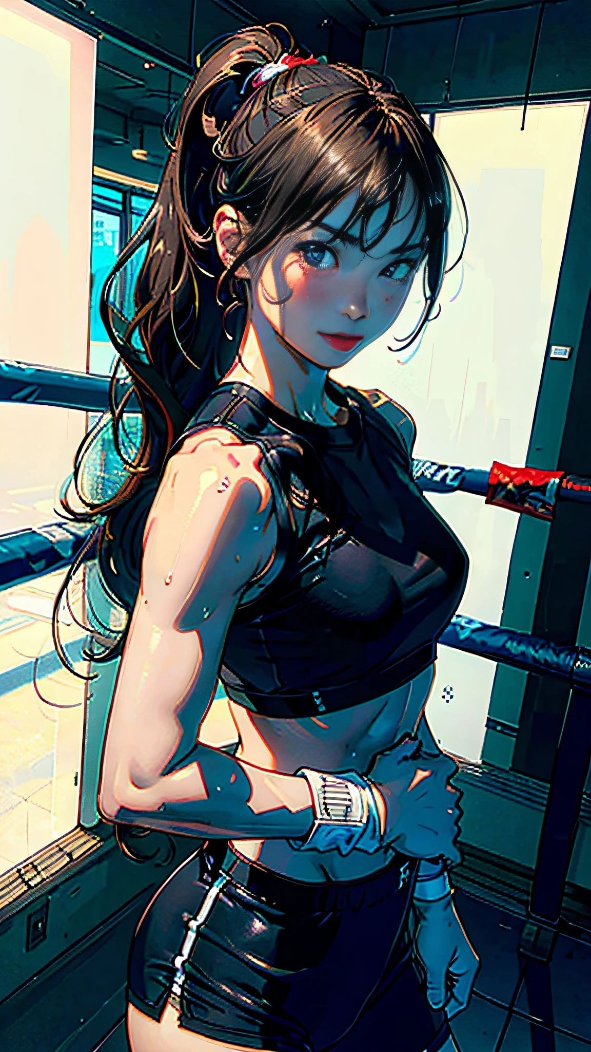 (Original), (Very detailed wallpaper), (Best quality), (Masterpiece), Photographic reality, Reality, Very detailed illustration, (1 girl), Beautiful eyes, (Delicate face), Perfect details, (Best lighting), (Super complex details), (Boxing girls), (Aggressive boxing), Sweat, Heavy breathing, (Smash Attack), (Boxing ring), Sports shorts, Perfect details, Perfect fingers, Perfect limbs, Impact, (shiny skin), Abs, Muscles, Waist line, Boxing Shorts, Boxing, Brunette Hair, High Ponytail, Super Long Hair, 4K Unity, (Super Fine CG: 1.2), (8K: 1.2), Realistic, Octane Rendering, Blush, ((Tongue Out))