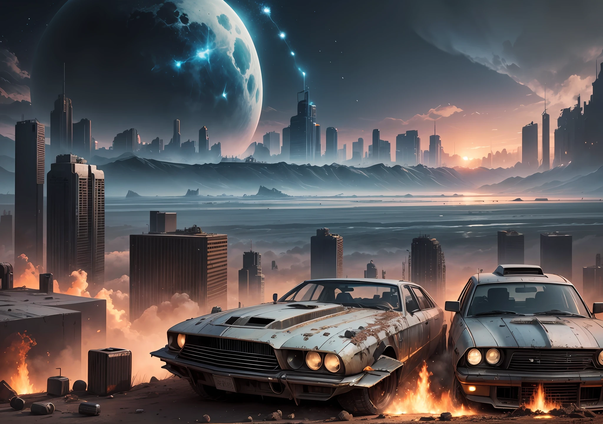 (detailed description) (best quality) Make a background of a post-apocalyptic future in the year 2084 --auto --s2