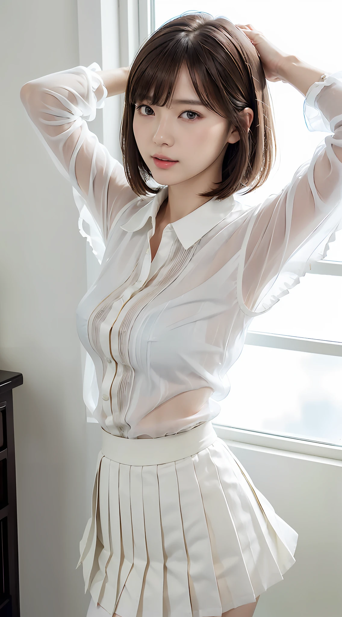 (((((Mai Shiraishi, white see-through shirt, white pleats skirt, cowboy shot, back shot, back view, looking ahead, arched back, arms up, dark brown very short hair, gigantic breasts, standing)))))((( masterpiece, best quality, highly detailed, absurdres, RAW photo, ultra high resolution)))), highly detailed face and skin texture, detailed eyes, clear focus, an asian young and beautiful girl, white skin, real human skin, oval face, pores, gentle and goddess-like eyes, lip gloss, eyelashes, Gloss Face, Wide Lighting, Natural Shading, Small Waist, Slender Body, Slight Smile, Clear Features, Beautiful Face, Double Eyelids, Sagging Eyes, at Office