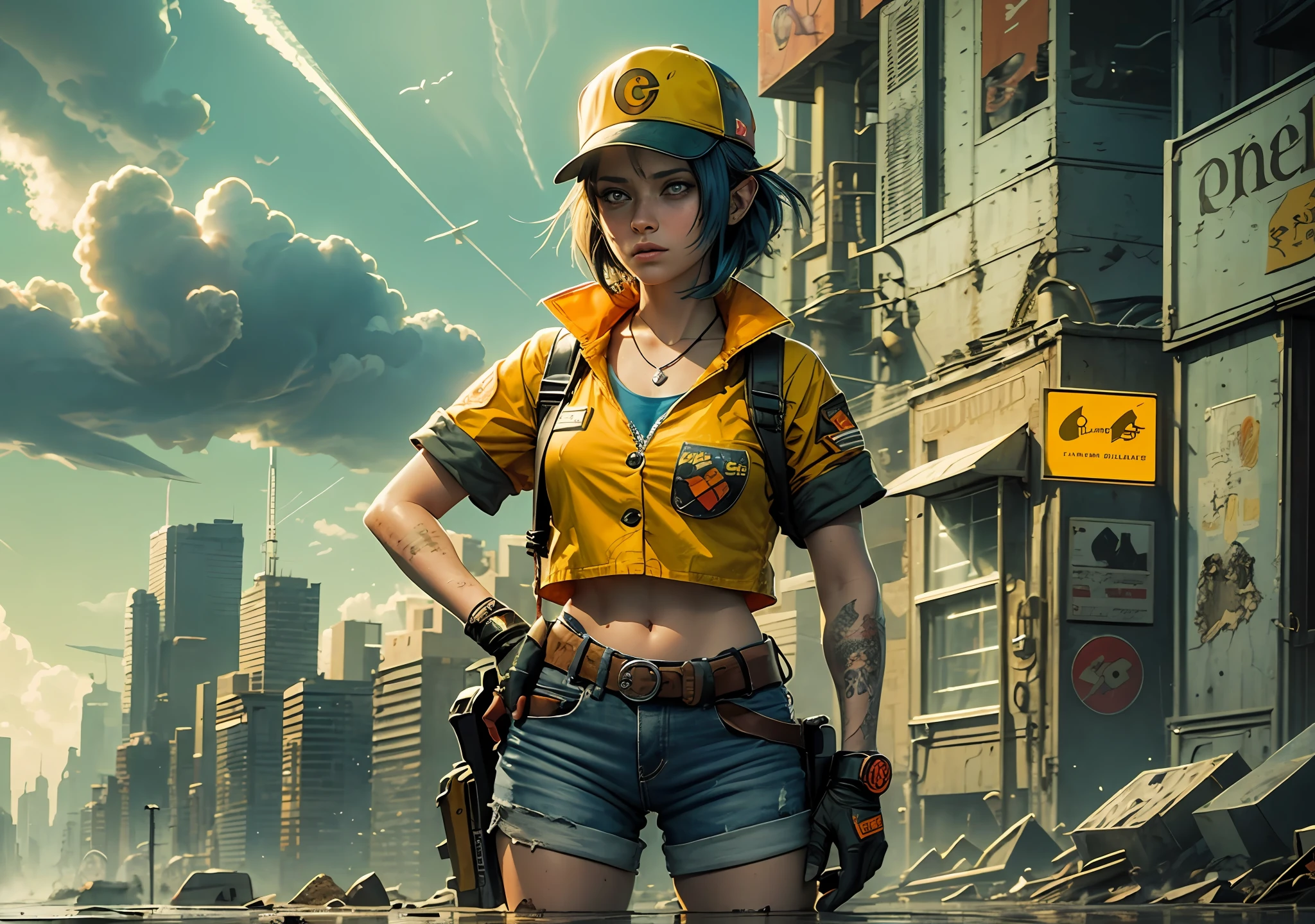 (detailed description) (best quality) Imagine a post-apocalyptic future in the background and a character from a game called Farlight 84 named Maggie. Maggie wears a yellow pizza delivery uniform with orange accents, has two blue ink stains on her cheeks she wears a cap with pizza slice ears written pizza. Google if necessary a character reference --auto --s2