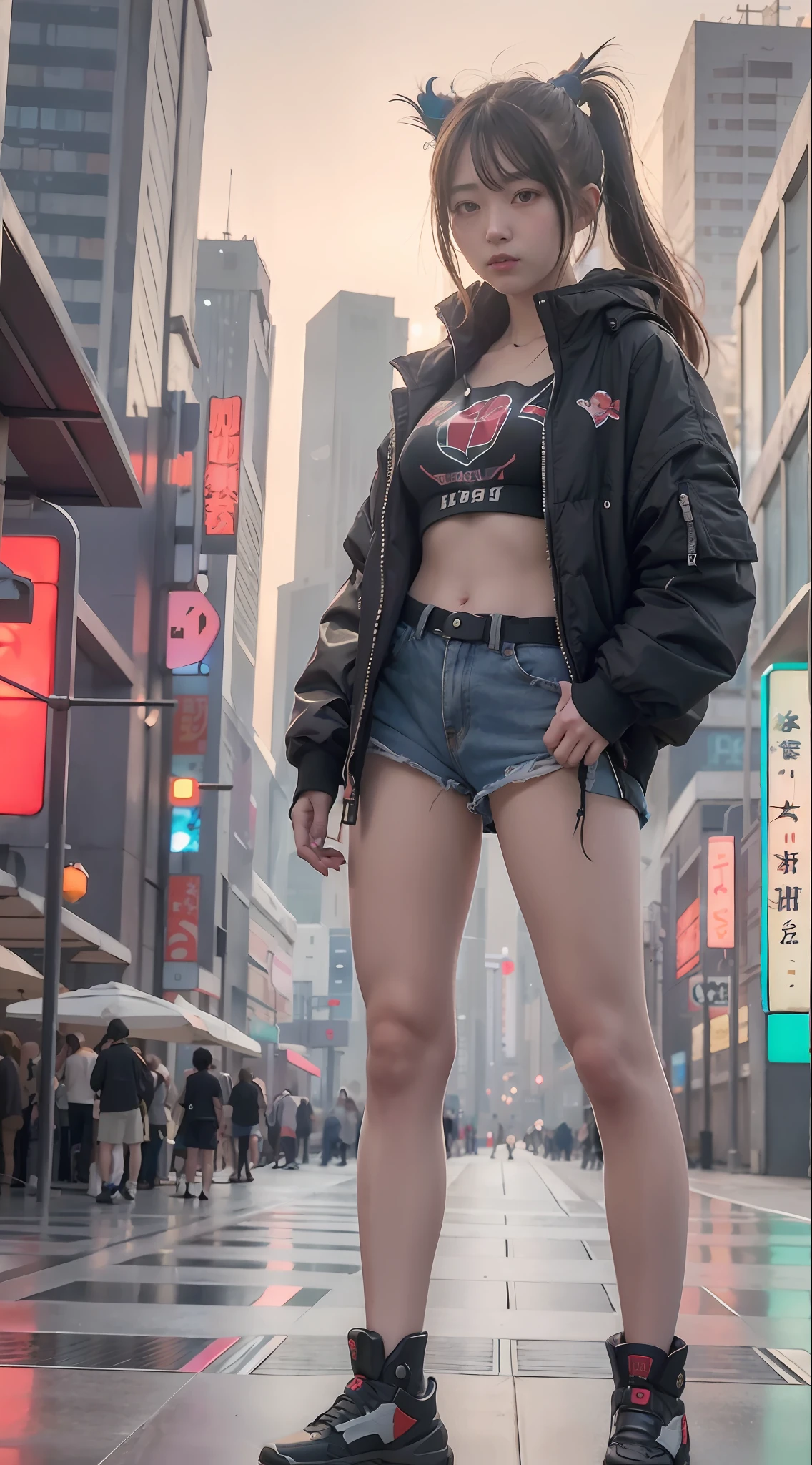 anime girl in short shorts and jacket standing next to giant robot, artwork in the style of guweiz, cyberpunk anime girl mech, trending on cgstation, guweiz, by Russell Dongjun Lu, digital cyberpunk anime art, ross tran 8 k, guweiz on artstation pixiv, girl in mecha cyber armor