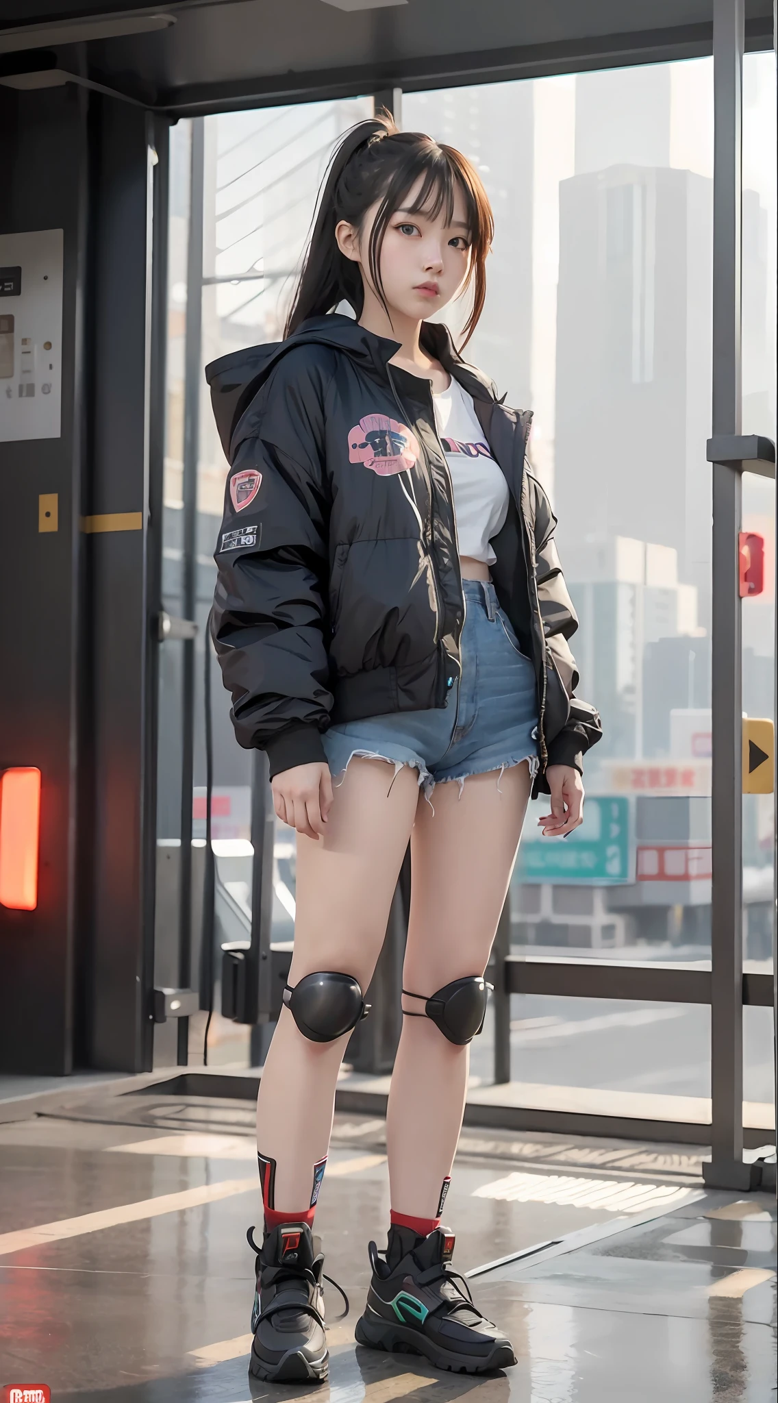 anime girl in short shorts and jacket standing next to giant robot, artwork in the style of guweiz, cyberpunk anime girl mech, trending on cgstation, guweiz, by Russell Dongjun Lu, digital cyberpunk anime art, ross tran 8 k, guweiz on artstation pixiv, girl in mecha cyber armor