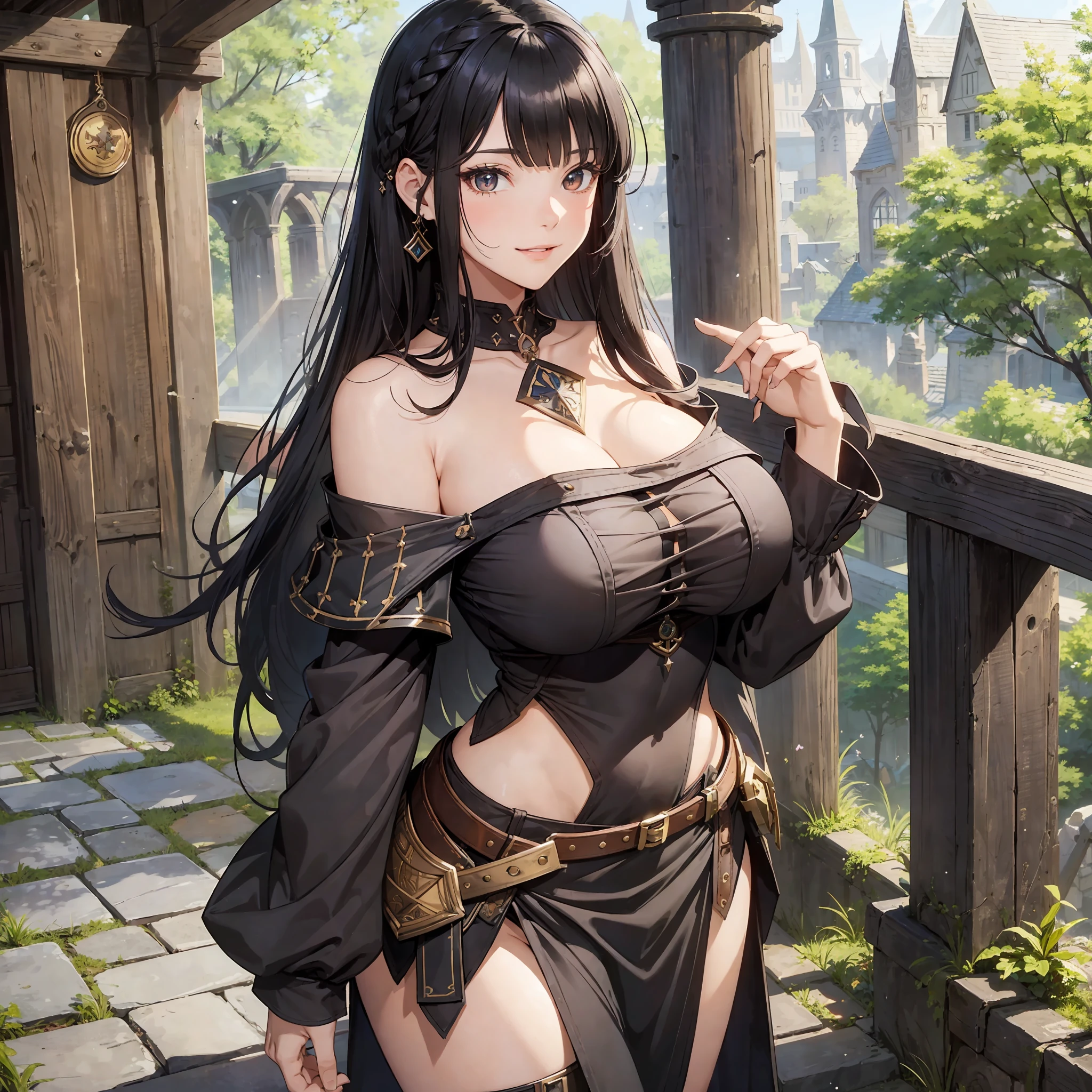 ((masterpiece, best quality)), (1girl),((youthful female)), ravenblack hair, Red brown eyes ((medieval fantasy adventurer)),long legs,bangs,(off shoulder shirt),large breast,(busty),slim,thick thighs,smile, [wide hips],village,standing, --auto --s2