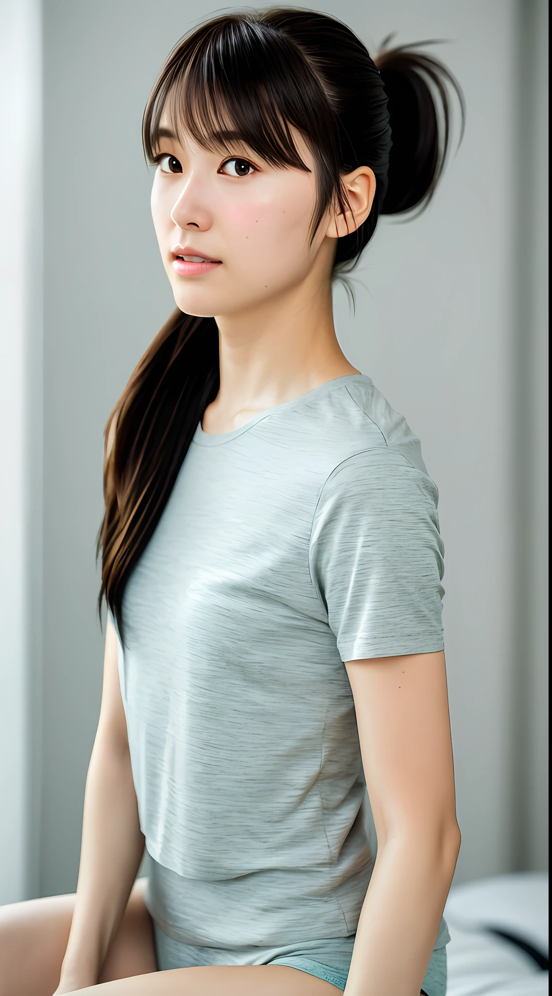 Realistic photos of shoulder length hair, ponytail, light makeup, bangs, (small), clear facial features, 8K high resolution, sharp and realistic details, full body, own room, changing (underwear), during changing clothes, f/4.0, 135mm, fujifilm, jpeg artifacts, dithering, UHD, masterpiece, blur,