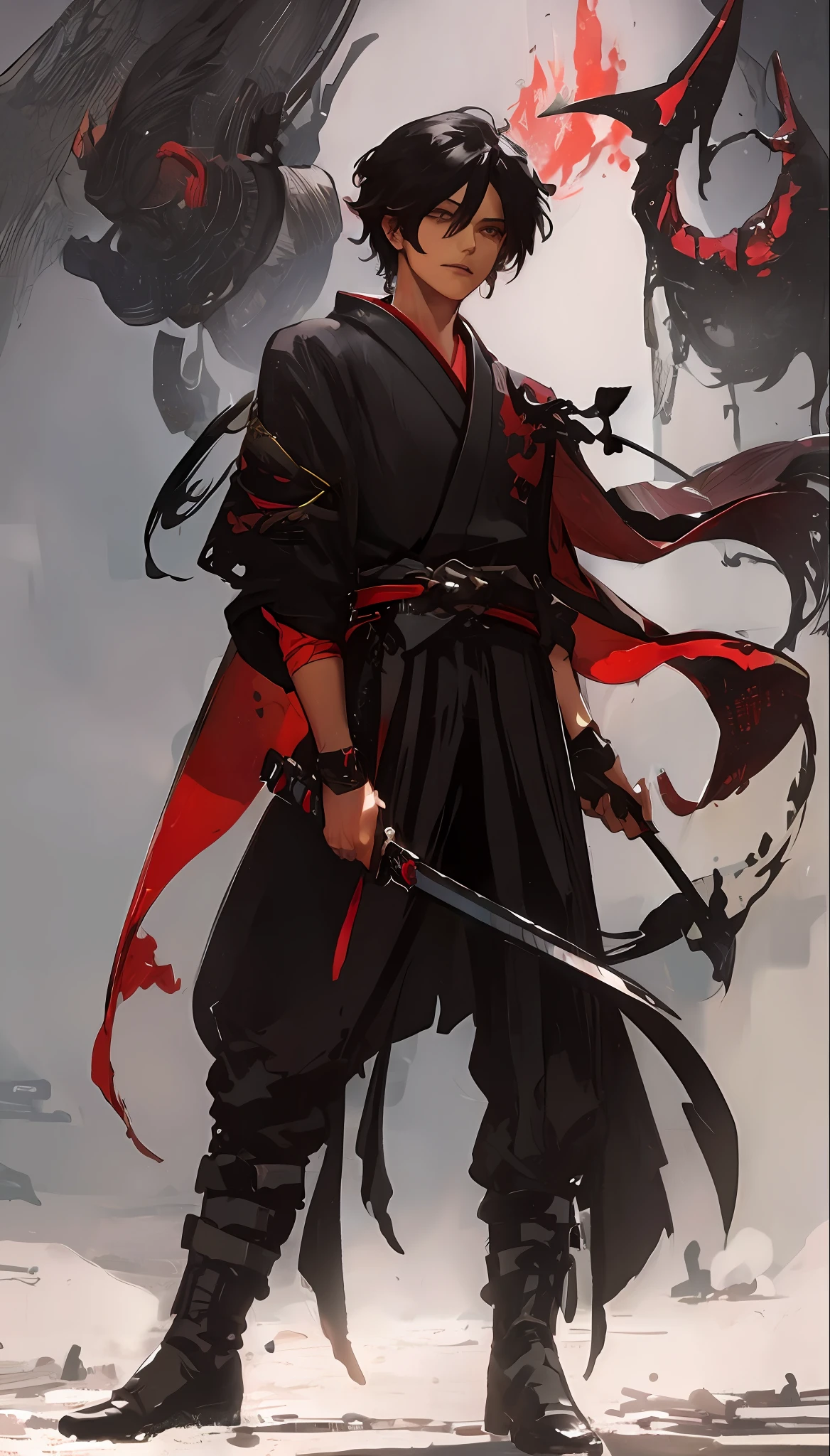 A closeup of a person holding a sword, male character, main character, cinematic full character, Demon slayer style, anime character, full body character, 8K character details, red and black Kimono.