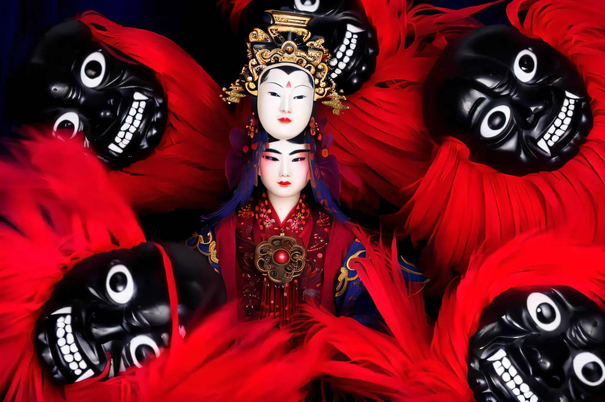 a close up of a doll surrounded by red feathers and masks, peking opera, inspired by Xie Huan, chinese empress, mingchen shen, inspired by Wu Bin, gujian, xue han, jingna zhang, wu liu, sha xi, inspired by Fu Baoshi, inspired by Zhang Wo, kan liu, inspired by Liu Jun, chinese surrealism