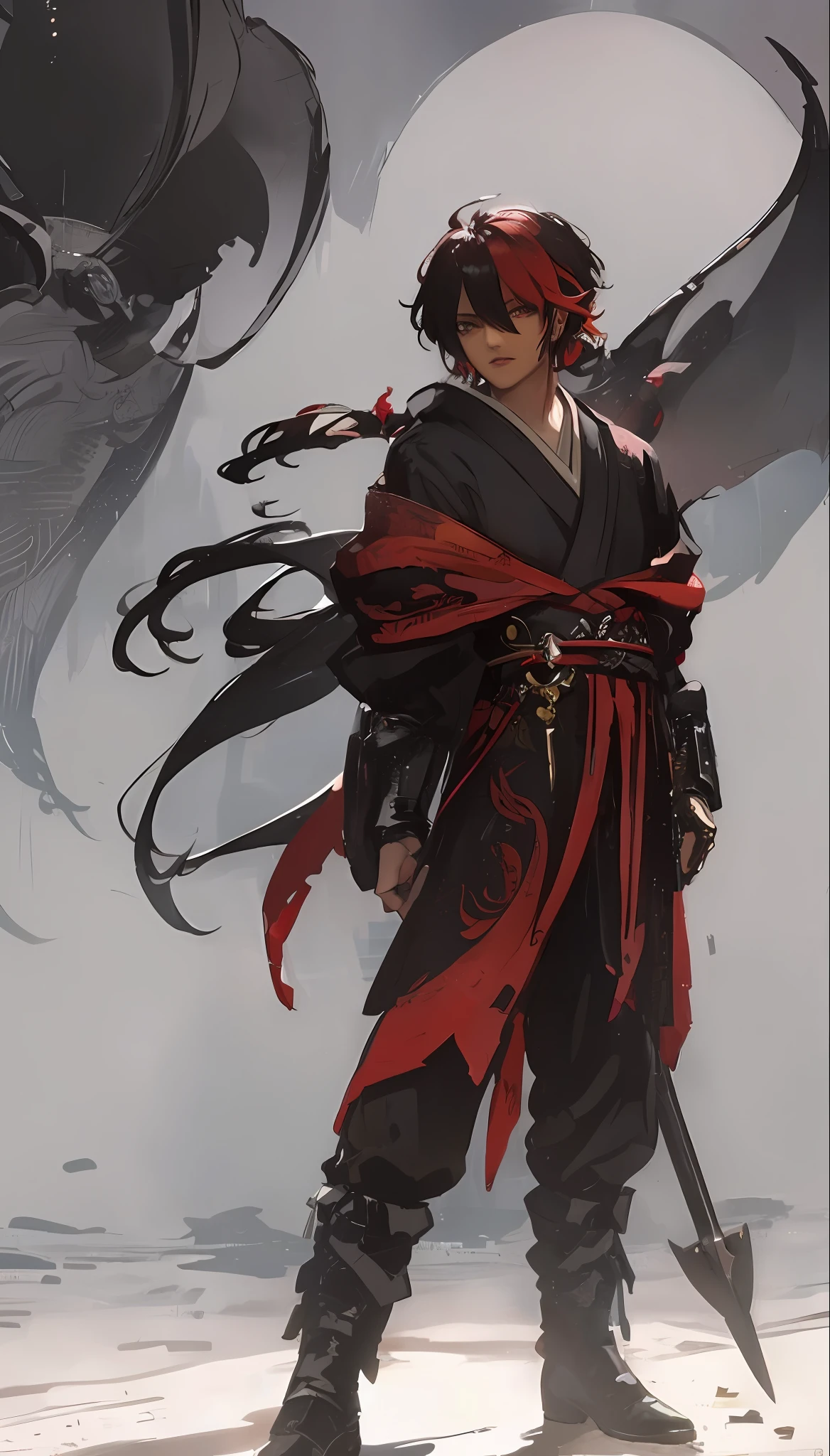 A closeup of a person holding a sword, male character, main character, cinematic full character, Demon slayer style, anime character, full body character, 8K character details, red and black Kimono.