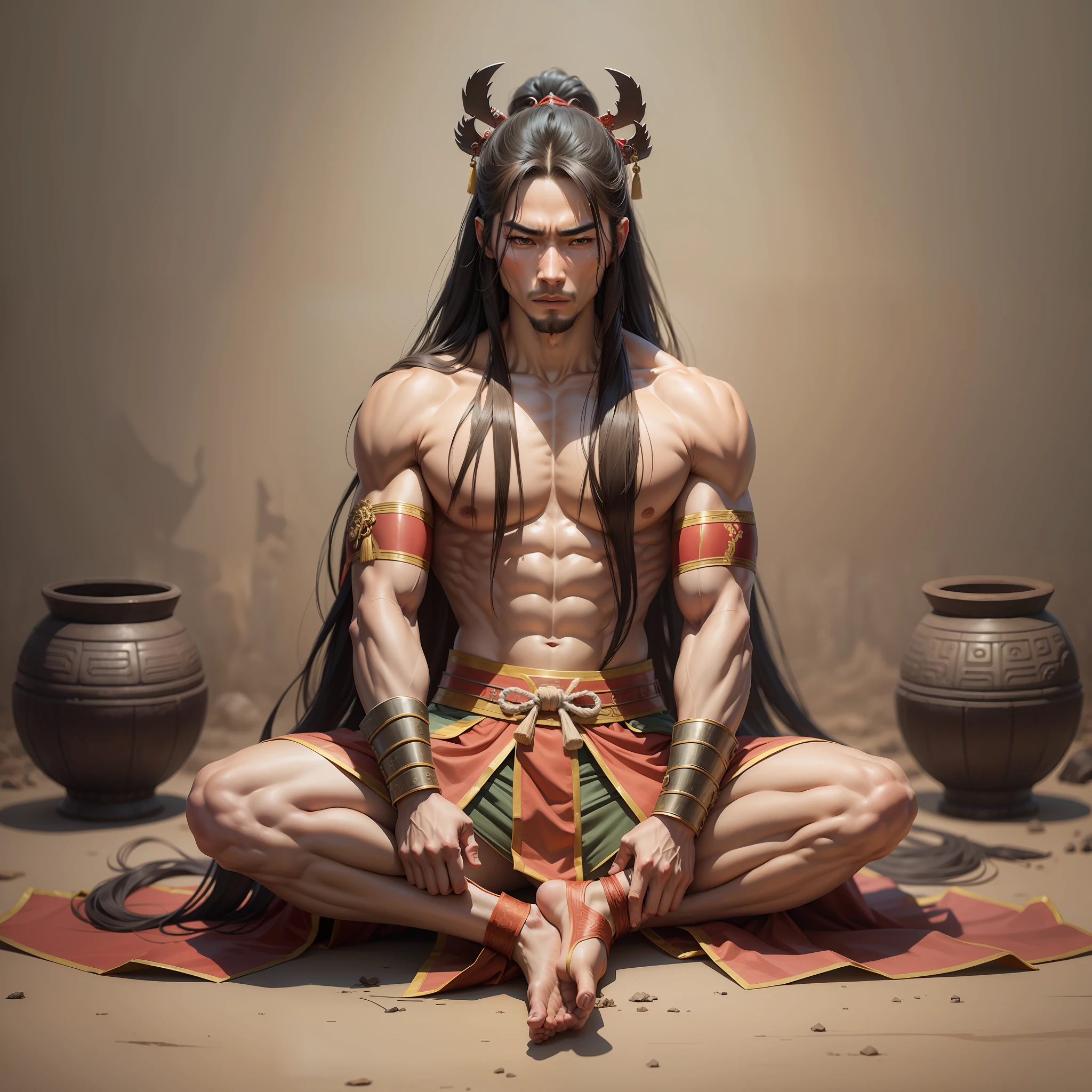 Realistic,Hot muscular Male concubine in the Han dynasty on his knees with legs spread apart, wearing ancient revealing Chinese dress with long hair and masculine features.Battle scars