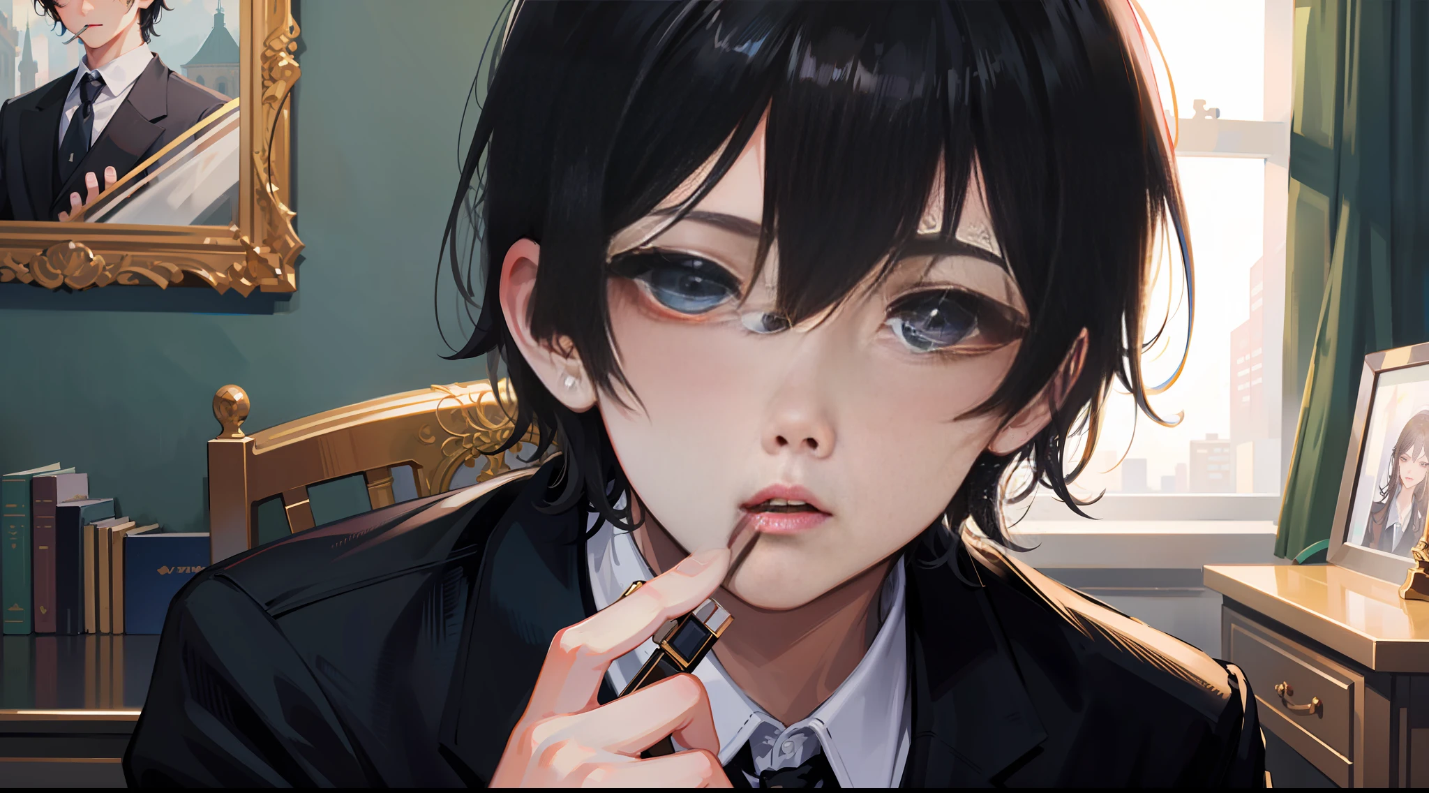 masterpiece, best quality, super detailed, illustration, beautiful detailed eyes, close up, 1 boy, room, black hair, black suit, black pants, smoking in mouth