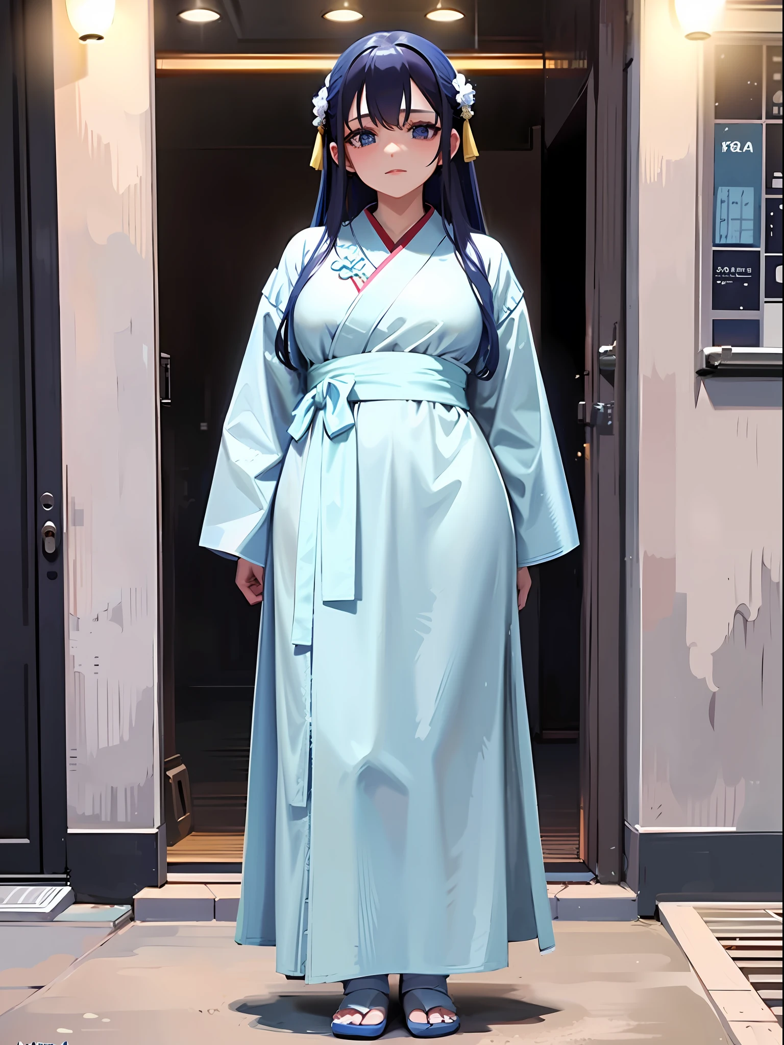 there is a woman in a blue robe standing in front of a door, hanfu, wearing ancient chinese clothes, white hanfu, wearing a long flowing robe, wearing simple robes, wearing aristocrat robe, wearing blue robe, wearing a simple robe, palace , a girl in hanfu, wearing a haori, wearing a blue robe, wearing long gown