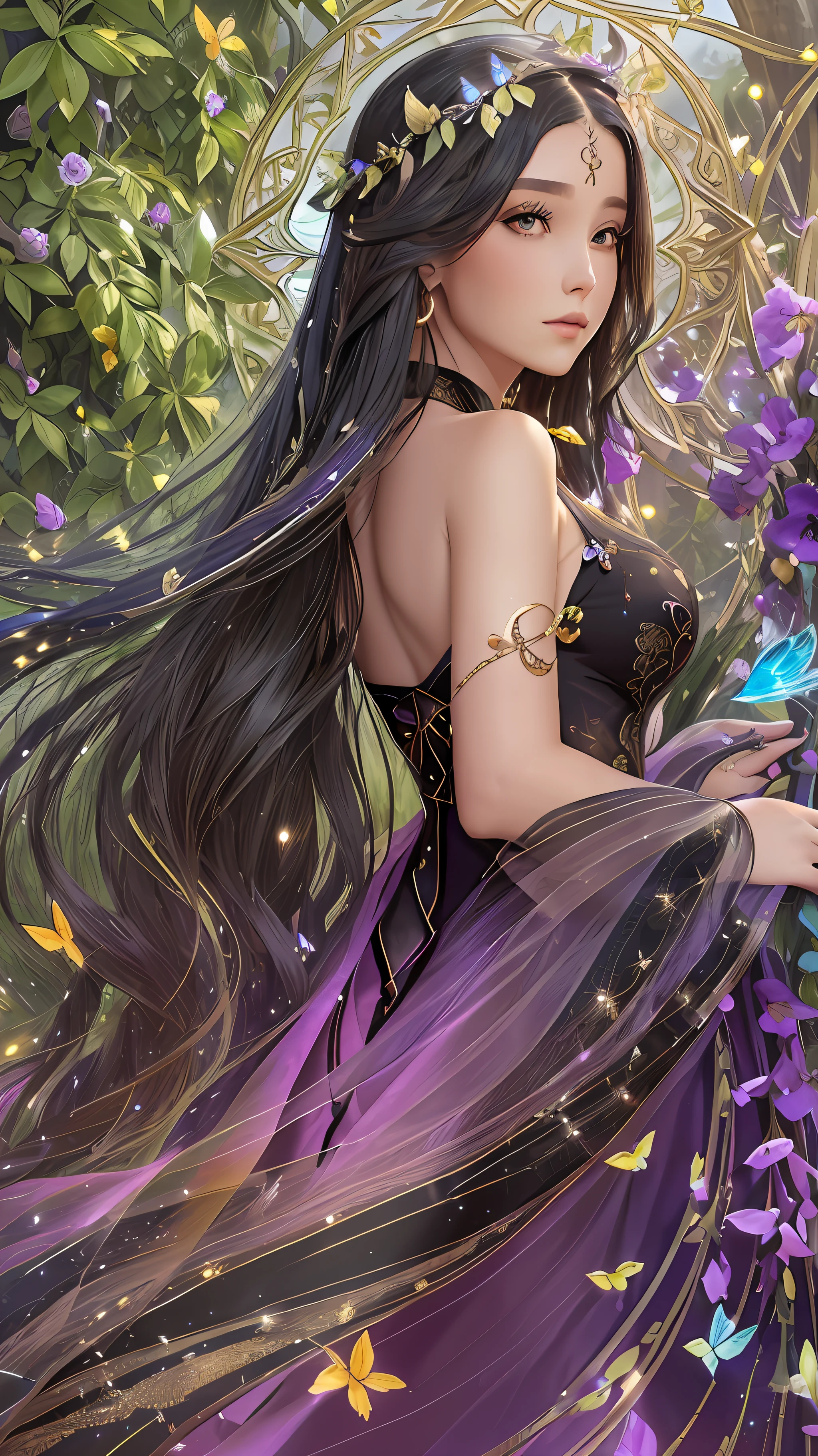 Olivia is an elegant, refined woman with long black hair that cascades down her back. His eyes are a deep green, radiating wisdom and mystery. Clothes: She wears a long, flowing violet silk dress, decorated with gold lace details. A wreath adorned with precious stones rests delicately on his head. She carries a staff with luminous spheres in her hands. Setting: Olivia is in an enchanted garden, with flowers of every color imaginable. Colorful butterflies fly around you, while soft sunlight permeates the environment. There is a magical fountain in the center of the garden, whose healing waters emanate a soft glow.