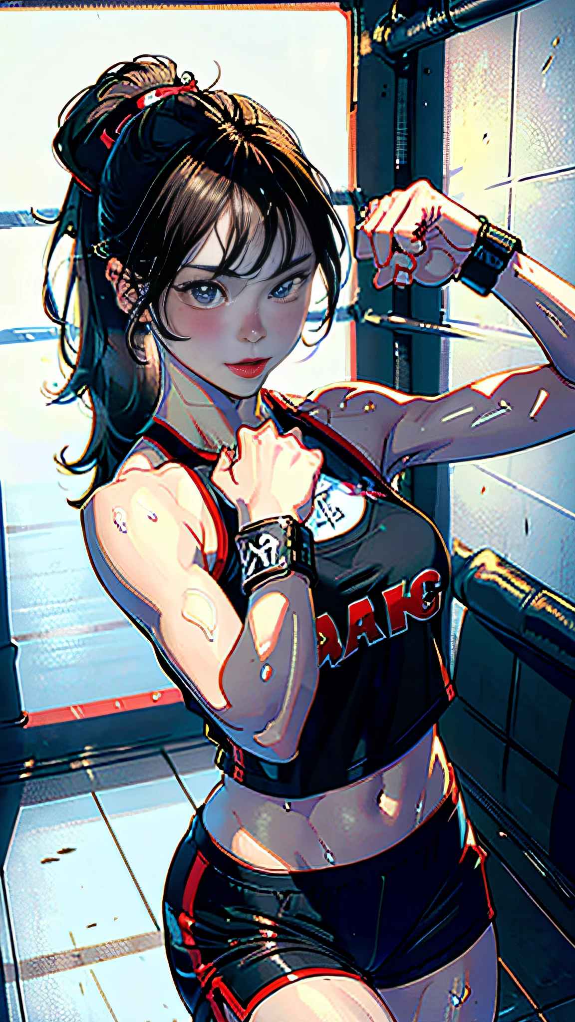 (Original), (Very detailed wallpaper), (Best quality), (Masterpiece), Photographic reality, Reality, Very detailed illustration, (1 girl), Beautiful eyes, (Delicate face), Perfect details, (Best lighting), (Super complex details), (Boxing girls), (Aggressive boxing), Sweat, Heavy breathing, (Smash Attack), (Boxing ring), Sports shorts, Perfect details, Perfect fingers, Perfect limbs, Impact, (shiny skin), Abs, Muscles, Waist line, Boxing Shorts, Boxing, Brunette Hair, High Ponytail, Super Long Hair, 4K Unity, (Super Fine CG: 1.2), (8K: 1.2), Realistic, Octane Rendering, Blush, ((Tongue Out))