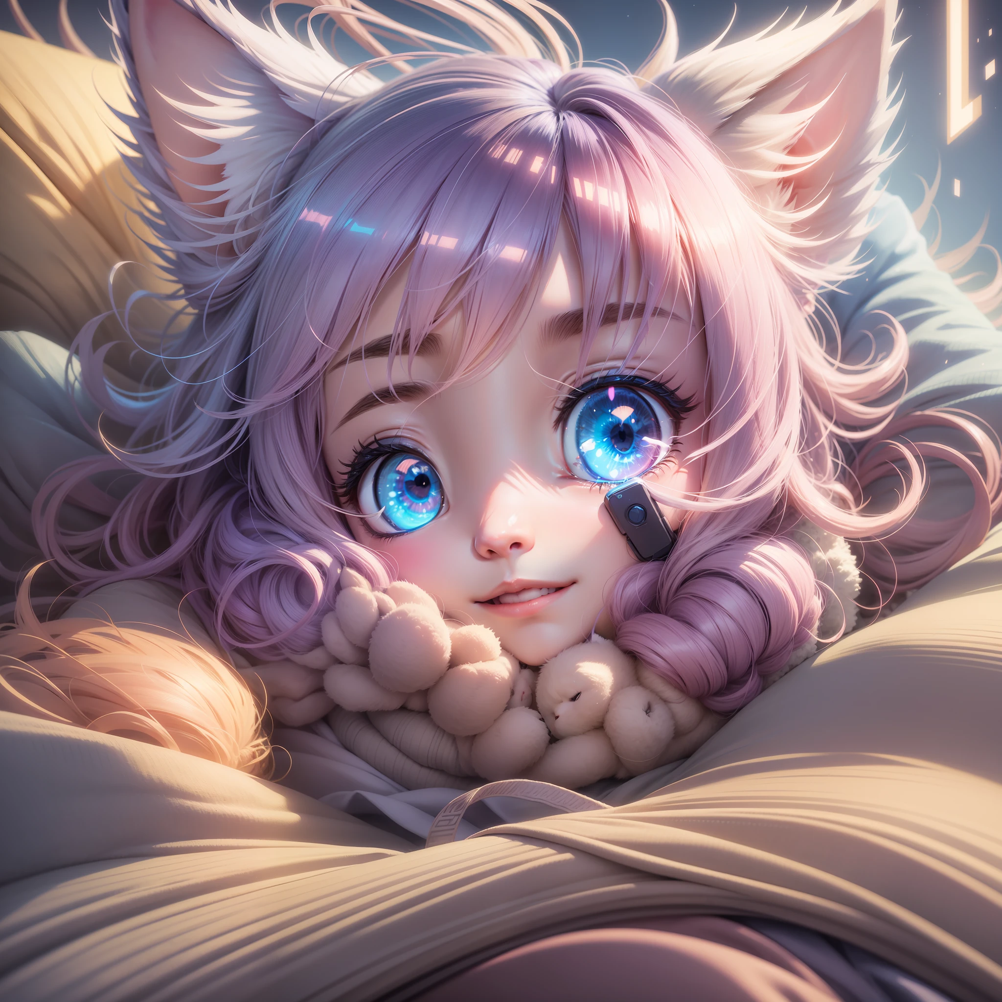 Cuty Nintendo GameBoy Advance, dreaming world, a sleeping fluffy kitten ears, rendered Pixer-style, pastel illust , smiling , Hairy clothes hardware, Octane rendering and cinematic color grading for whimsy and dramatic lighting,happy emotions Unreal Engine rendering, hyperrealism, ultra detail, warm colors, happy, --ar 9:16 --testp --upbeta --auto --s2