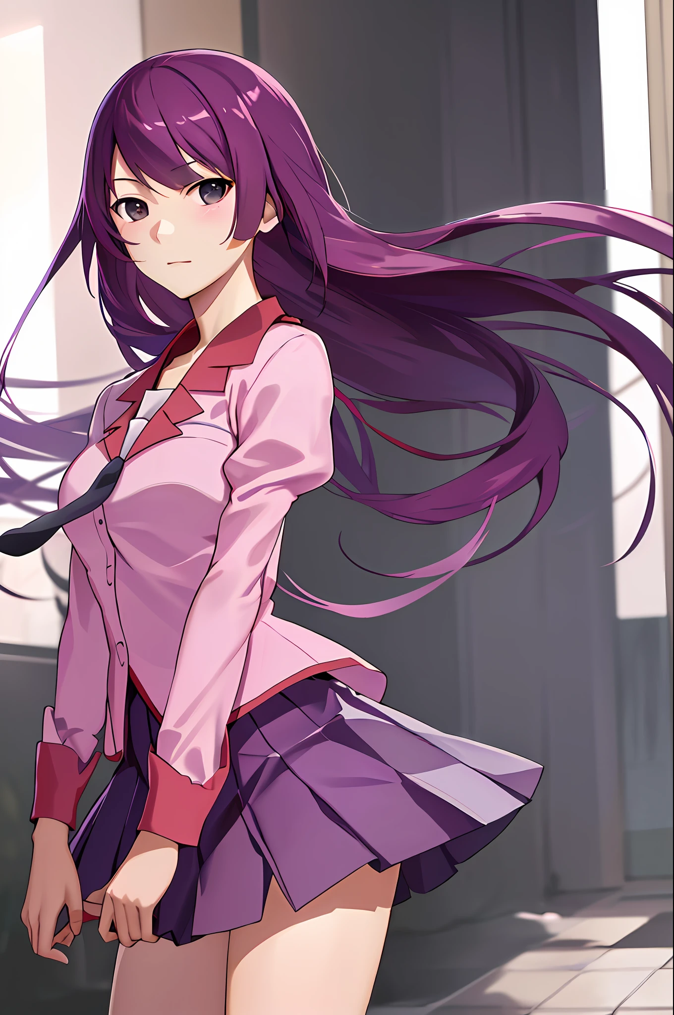masterpiece, best quality, highres, sh1, senjougahara hitagi, long hair, long sleeves, tie, school uniform, pleated skirt, juliet sleeves, black thighs, pink shirt, cowboy shot, arms crossed, ilustration