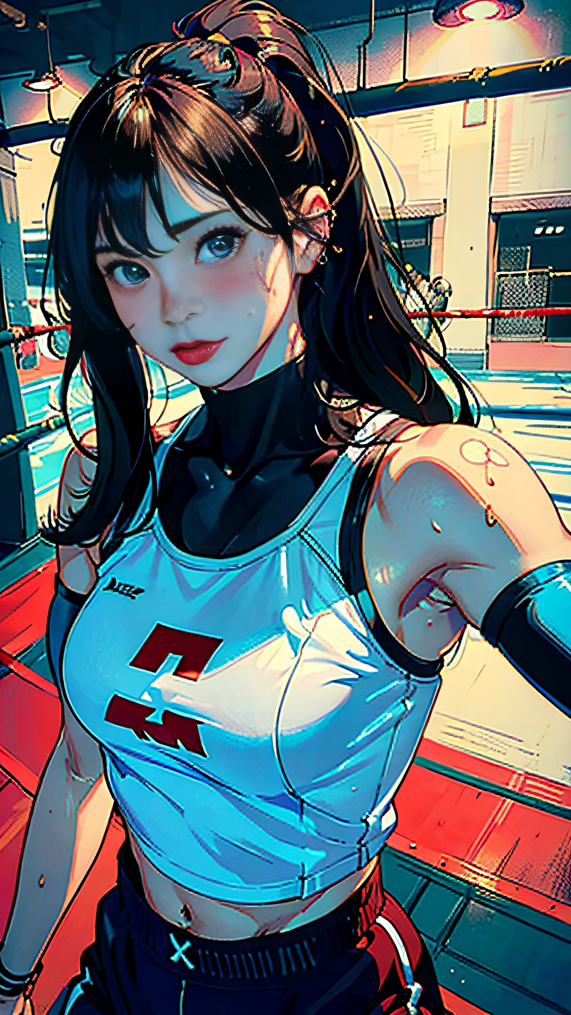 (Original), (Very detailed wallpaper), (Best quality), (Masterpiece), Photographic reality, Reality, Very detailed illustration, (1 girl), Beautiful eyes, (Delicate face), Perfect details, (Best lighting), (Super complex details), (Boxing girls), (Aggressive boxing), Sweat, Heavy breathing, (Smash Attack), (Boxing ring), Sports shorts, Perfect details, Perfect fingers, Perfect limbs, Impact, (shiny skin), Abs, Muscles, Waist line, Boxing Shorts, Boxing, Brunette Hair, High Ponytail, Super Long Hair, 4K Unity, (Super Fine CG: 1.2), (8K: 1.2), Realistic, Octane Rendering, Blush, ((Tongue Out))
