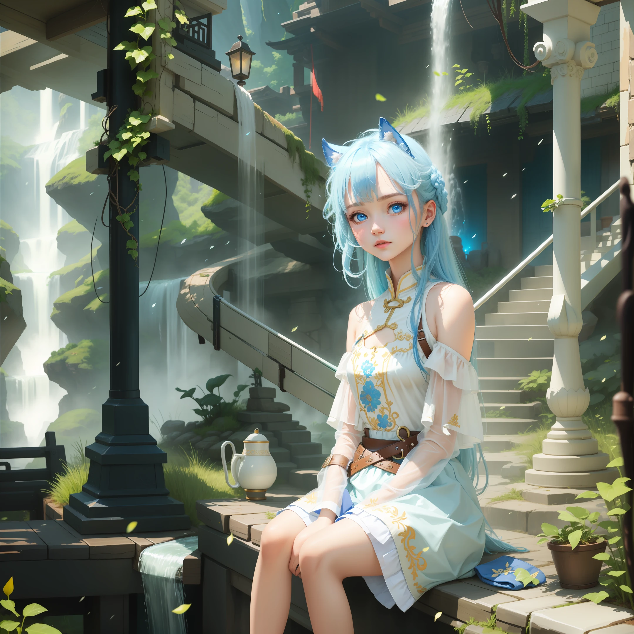 ru_qun, Humph, 1 girl, blue eyes, glowing eyes, pretty face, detailed eyes, blue hair, very long hair, (cowboy shot), standing on one leg, original_outfit, hanf, clear details, masterpiece, best_quality, clear details, waterfall, outdoor, sunny weather, spring, Chinese building, after rain, embroidered cotton shoes,