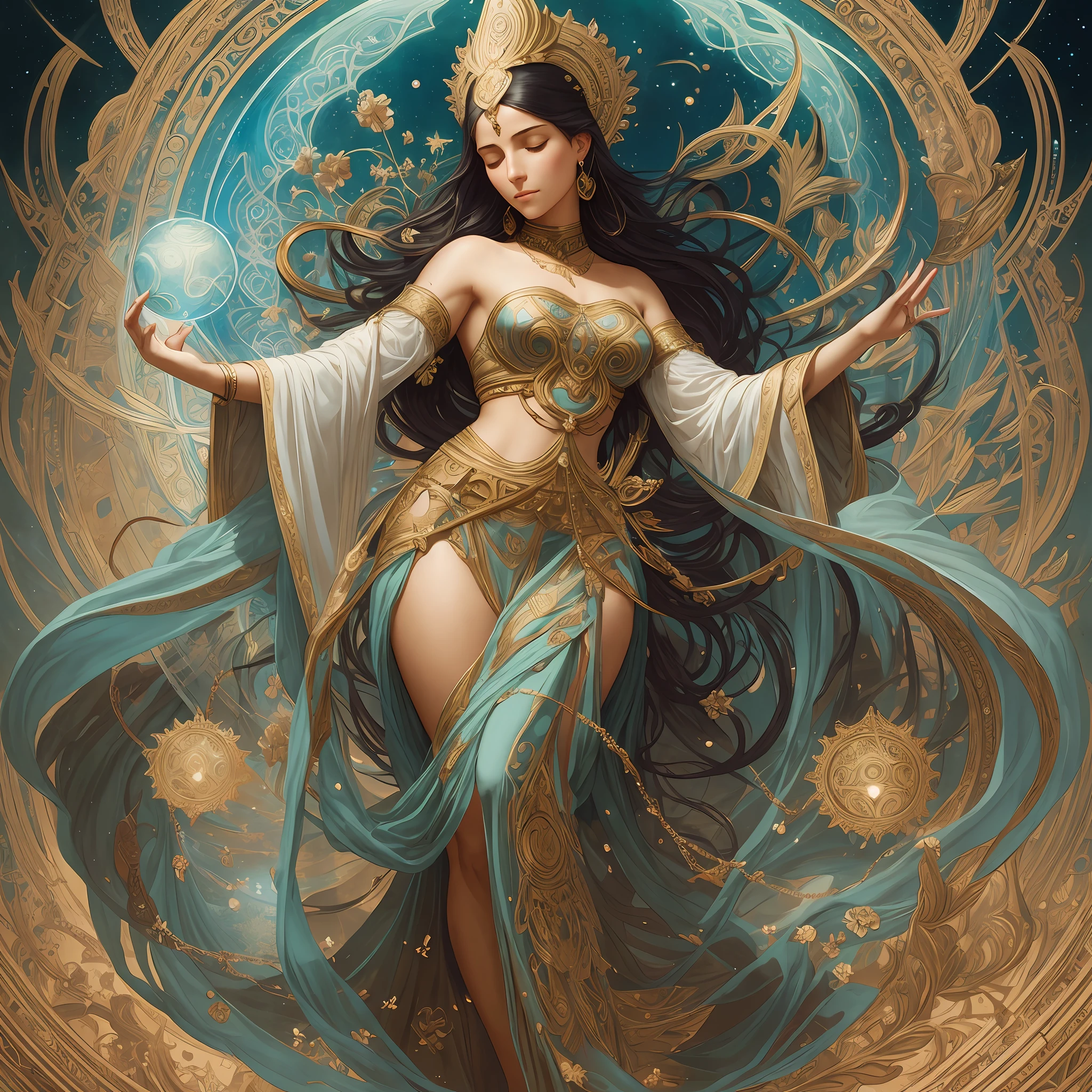 a beautiful latin woman, full body, looking at viewer, symmetric, eyes closed, slight smile, spirtual awakening, intricate details,
cosmic, ethereal, mystical, complicated environment, brush stokes, illuminating lights,
Greg Rutkowski, RHADS, Beeple, Makoto Shinkai, Lois van Baarle, Ilya Kuvshinov, Rossdraws, Tom Bagshaw, Alfonse Mucha,
masterpiece, ultra high res, high quality, --auto --s2