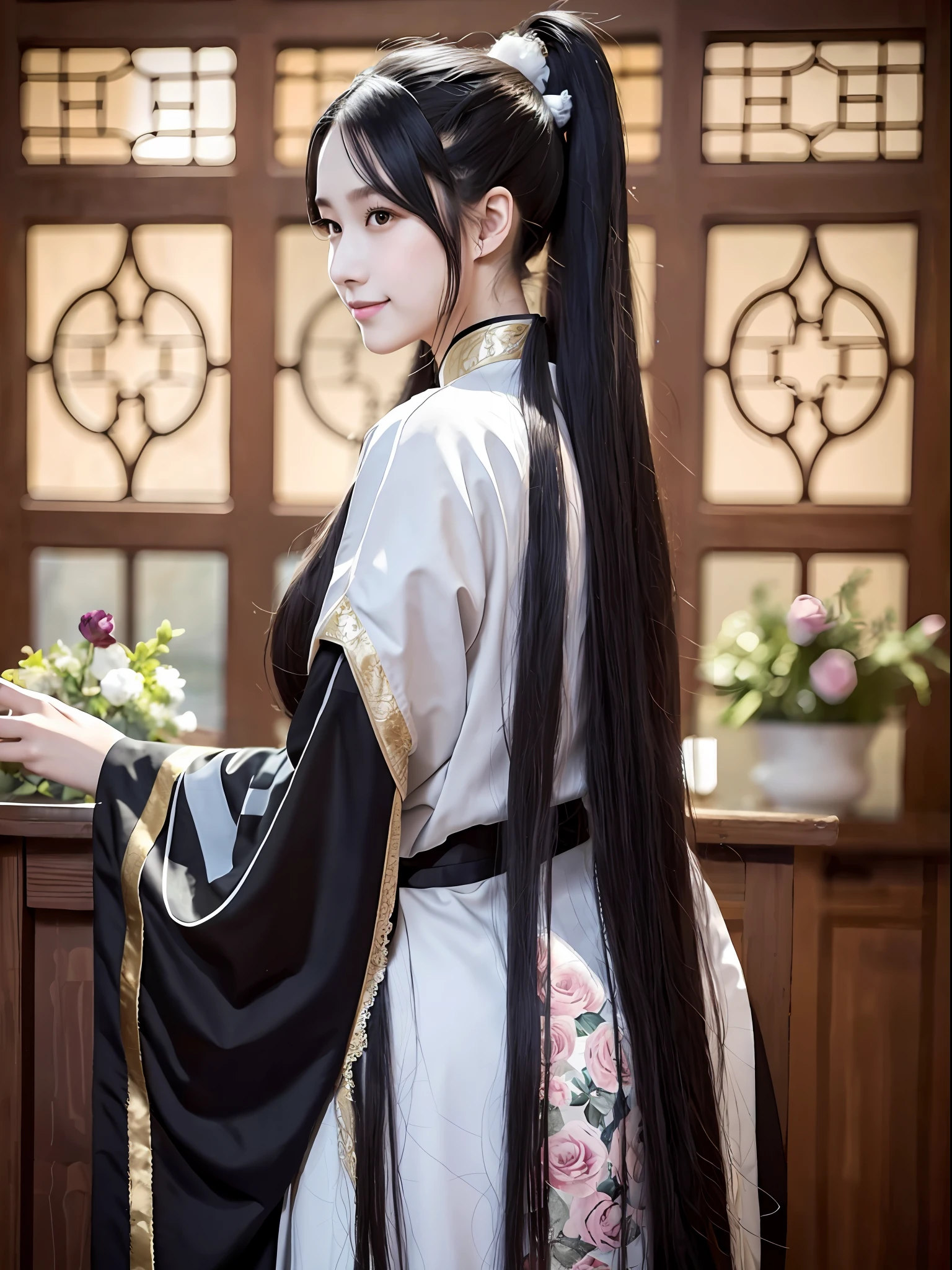 Beautiful tall child, full body, (face details: 1.2), masterpiece, fashion, Hanfu, long hair, black hair, double ponytail, looking back with a smile