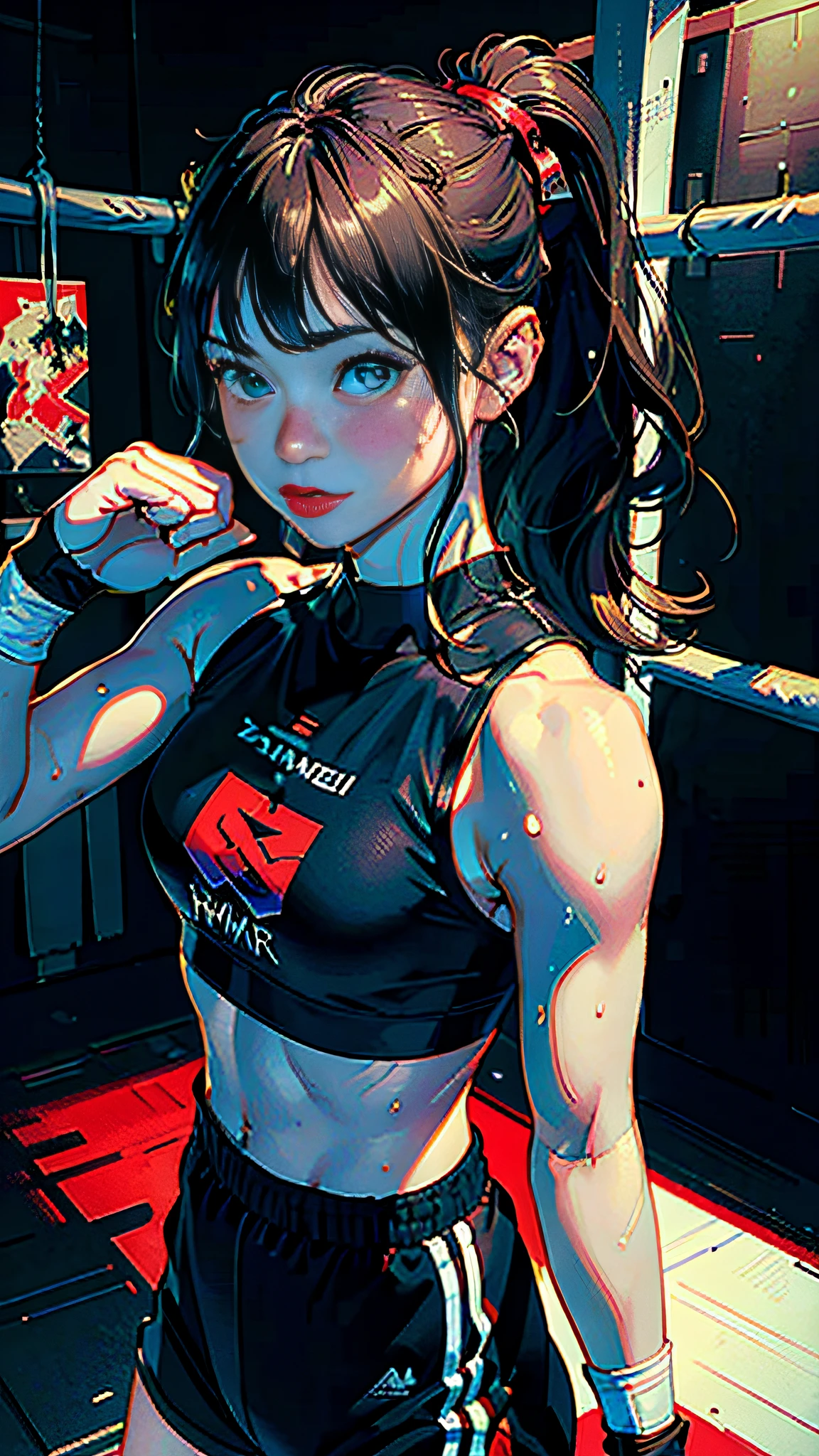 (Original), (Very detailed wallpaper), (Best quality), (Masterpiece), Photographic reality, Reality, Very detailed illustration, (1 girl), Beautiful eyes, (Delicate face), Perfect details, (Best lighting), (Super complex details), (Boxing girls), (Aggressive boxing), Sweat, Heavy breathing, (Smash Attack), (Boxing ring), Sports shorts, Perfect details, Perfect fingers, Perfect limbs, Impact, (shiny skin), Abs, Muscles, Waist line, Boxing Shorts, Boxing, Brunette Hair, High Ponytail, Super Long Hair, 4K Unity, (Super Fine CG: 1.2), (8K: 1.2), Realistic, Octane Rendering, Blush, ((Tongue Out))