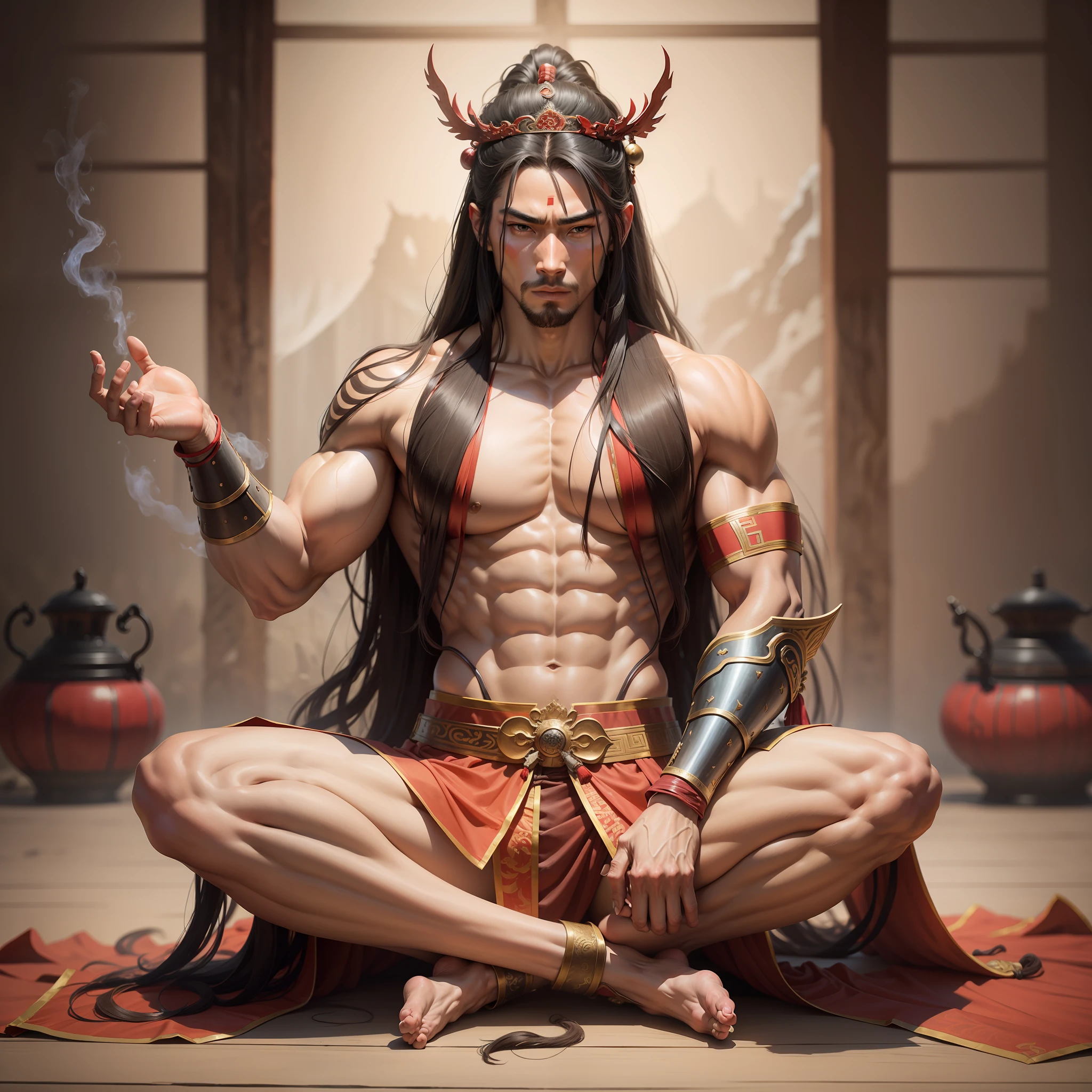 Realistic,Hot muscular Male concubine in the Han dynasty on his knees with legs spread apart, wearing ancient revealing Chinese dress with long hair and masculine features.Battle scars