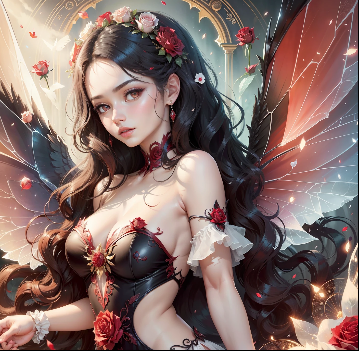 masterpiece, best quality, a red rose fairy, extremely gorgeous and delicate, long wavy black hair, extremely defined on body, has wings, sparkling, detailed on face and dress, designing and inspire with red rose