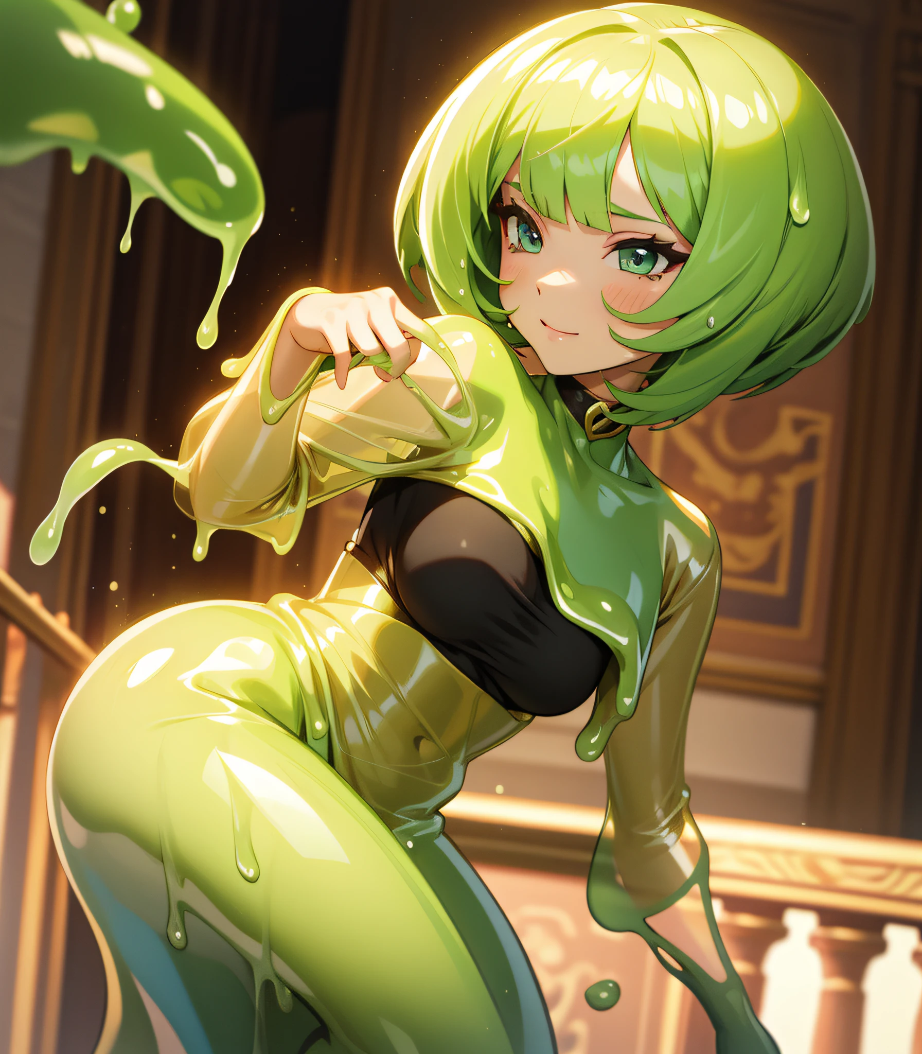 Slime girl, (slime), Slime hair bob cut hair style, Pomp and Power, Roman clothing, Masterpiece, Best Quality