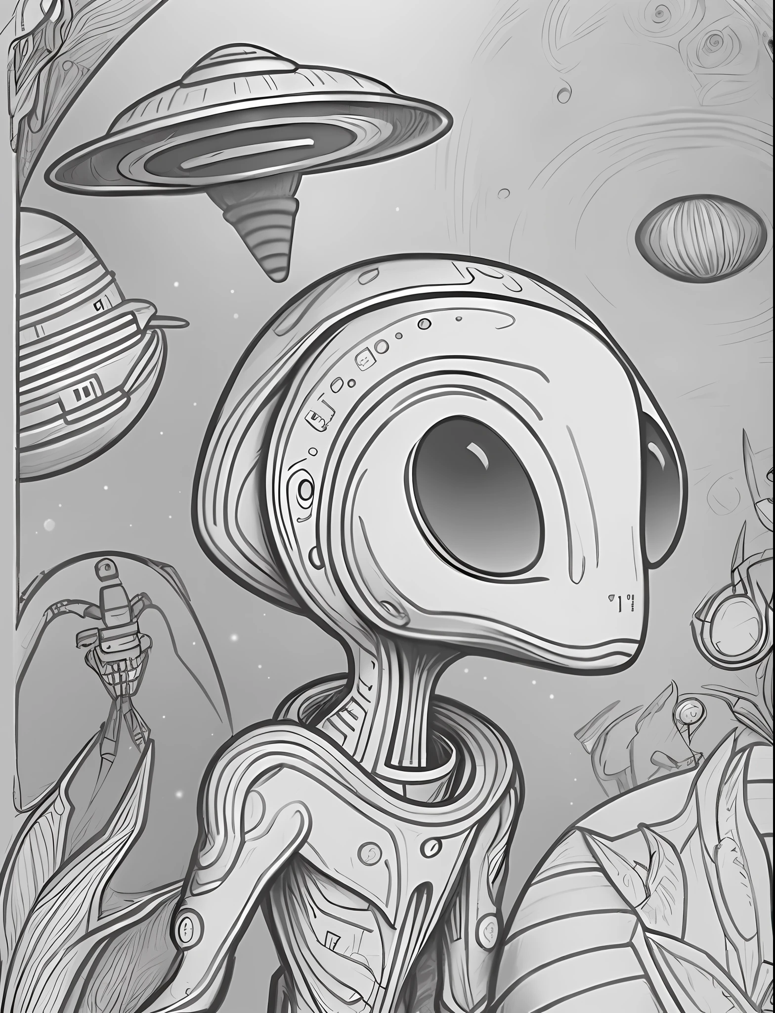 a drawing of a robot with a spaceship in the background, grey alien, alien grey, gray alien, alien art, grey aliens, portrait of a grey alien, alien design, a hyper-detailed alien, space alien, portrait of a space alien, art alien, highly detailed linework, scifi illustration, alien portrait, extremely detailed linework, inspired by Joe Fenton