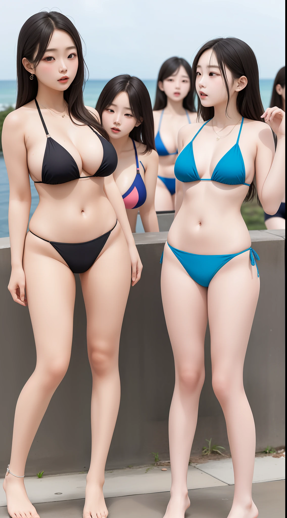 Multiple girls, 5 people, (aligned), side by side, big, from the bottom (masterpiece, high quality: 1.2), kpop, wet, squinted, embarrassed look, korean makeup, micro bikini
