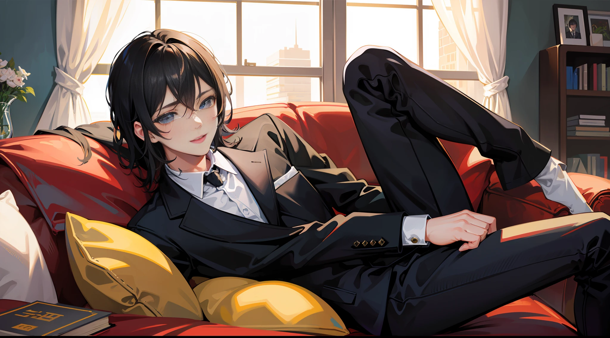 masterpiece, best quality, super detailed, illustration, beautiful detailed eyes, close up, 1 boy, room, black hair, black suit, black pants, lying on sofa laughing