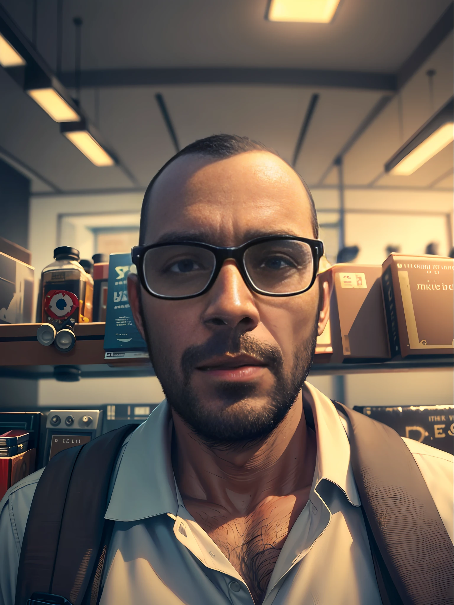 Oil painting, there is a man with glasses and backpack in a store, 8K, UHD, cinematic lighting, high quality, intricate details, highly detailed skin, focused eyes --s2