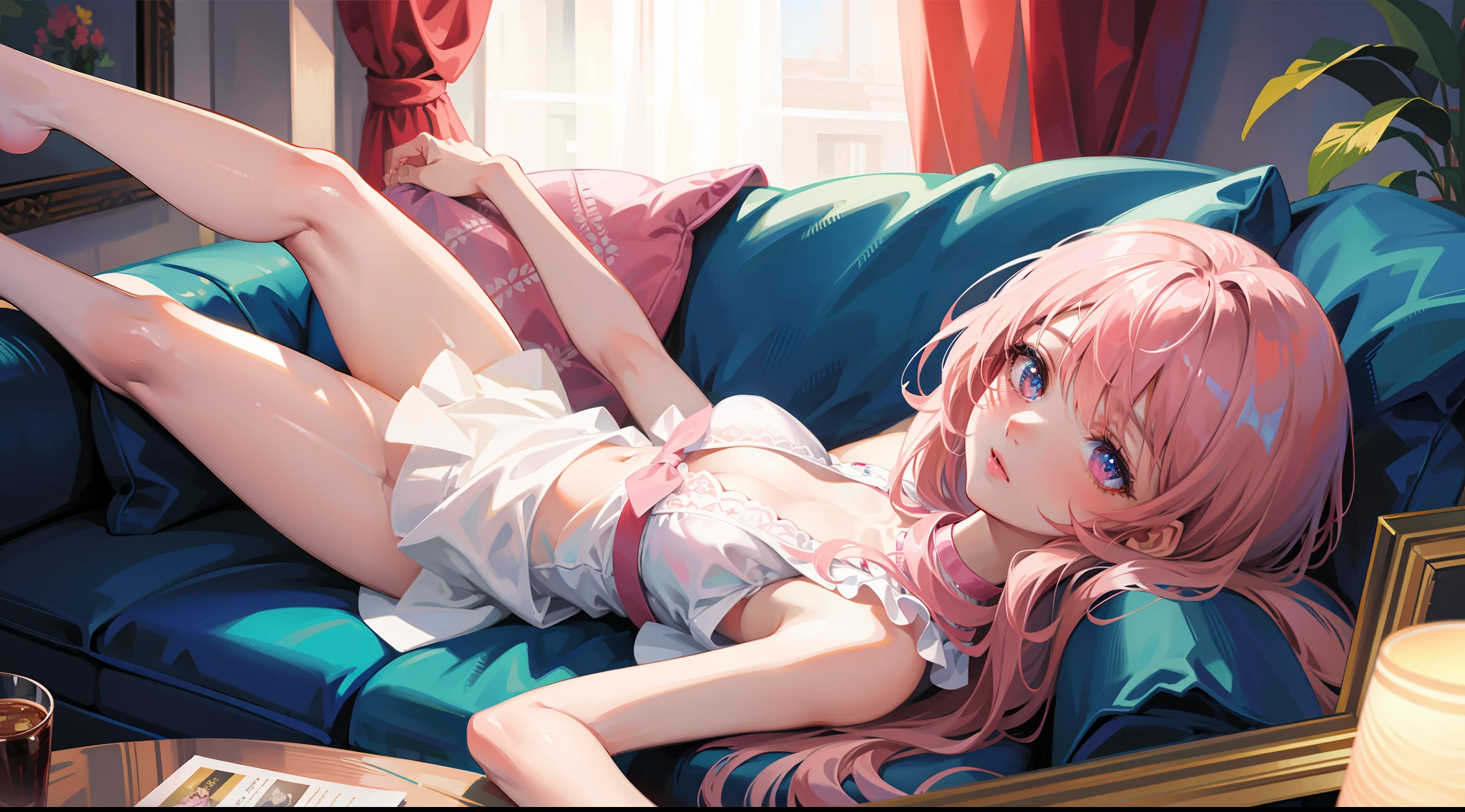 Masterpiece, best quality, super detailed, illustration, beautiful detailed eyes, close up, 1 girl, pink hair, white dress, lying on sofa