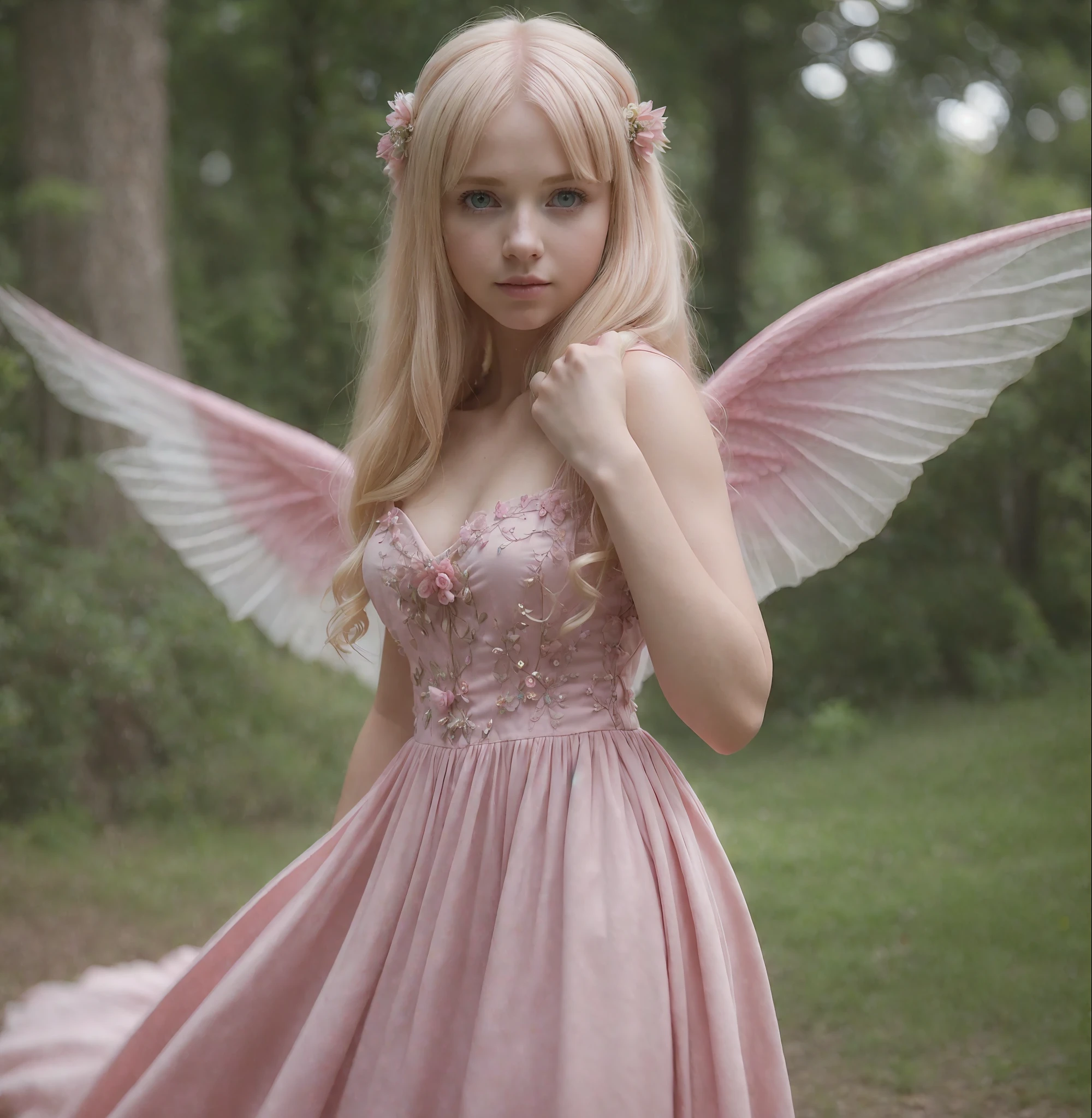 (masterpiece, best quality, high resolution:1.4), 1girl, fairy wings dress pink, Hair blonde, HD , Photography, movie, cinematic, full Body, Realistic, (8k, RAW photo, best quality, masterpiece:1.2), (realistic, photo-realistic:1.33), best quality, detailed eyes, cute,natural lighting, depth of field, film grain, wrinkled skin, sharp