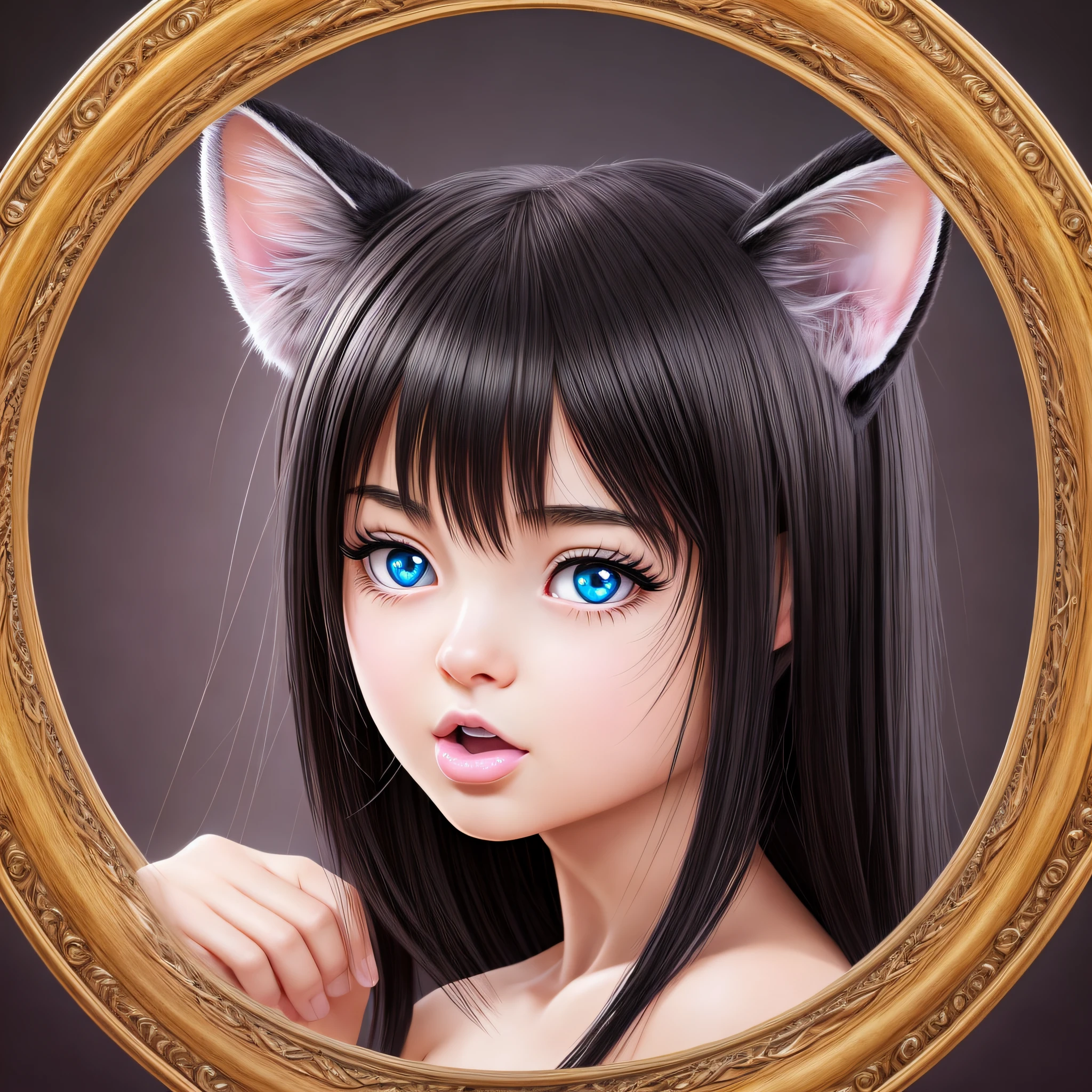 A beautiful 16 year old girl with cat ears, black hair, short double tail, crown, heart-shaped pupils, shyness, tongue sticking out, surrealism, reflected light, UHD, masterpiece, anatomically correct, textured skin, high quality, high resolution --auto --s2